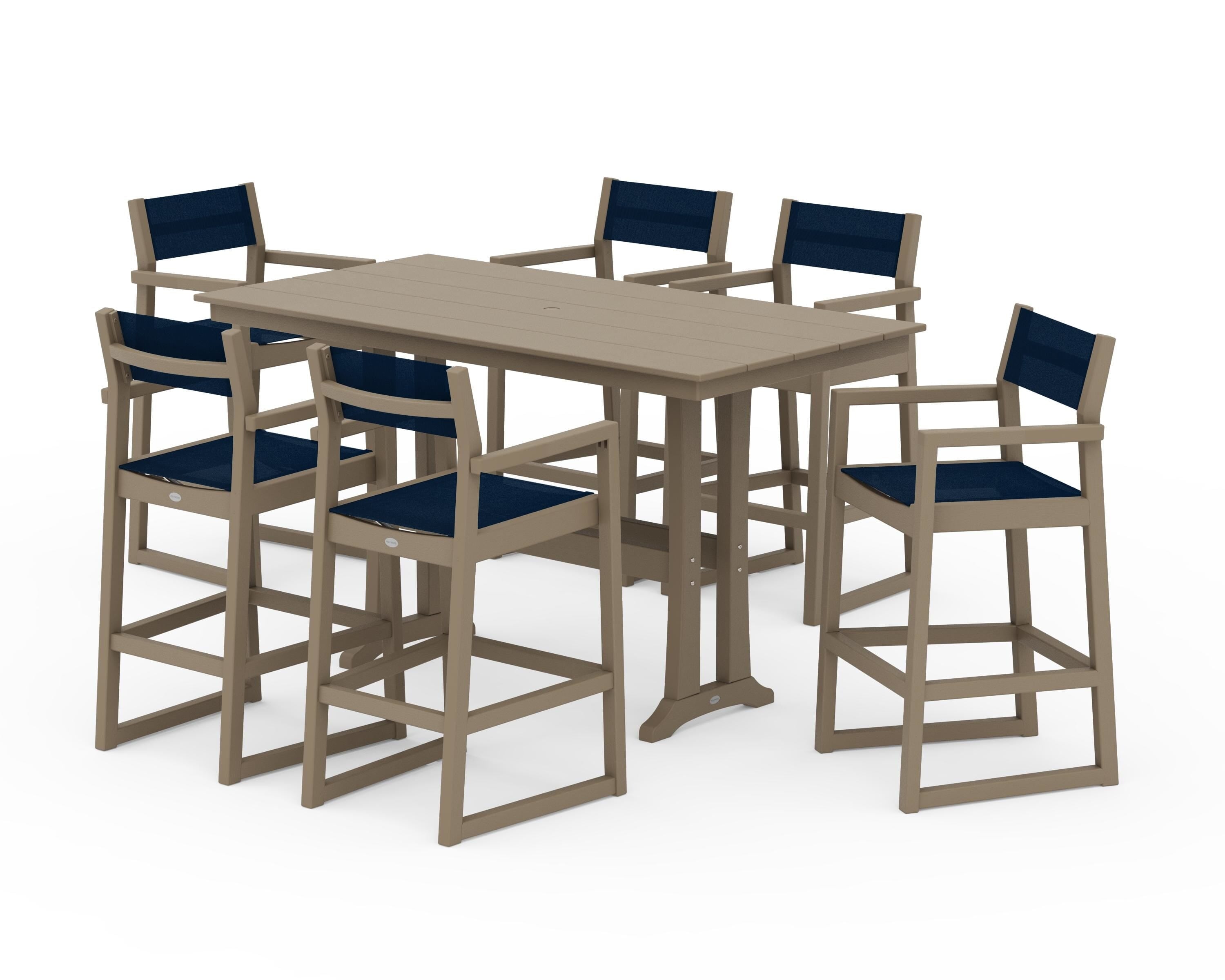 POLYWOOD EDGE Sling Arm Chair 7-Piece Farmhouse Bar Set with Trestle Legs in Vintage Sahara / Navy Blue Sling