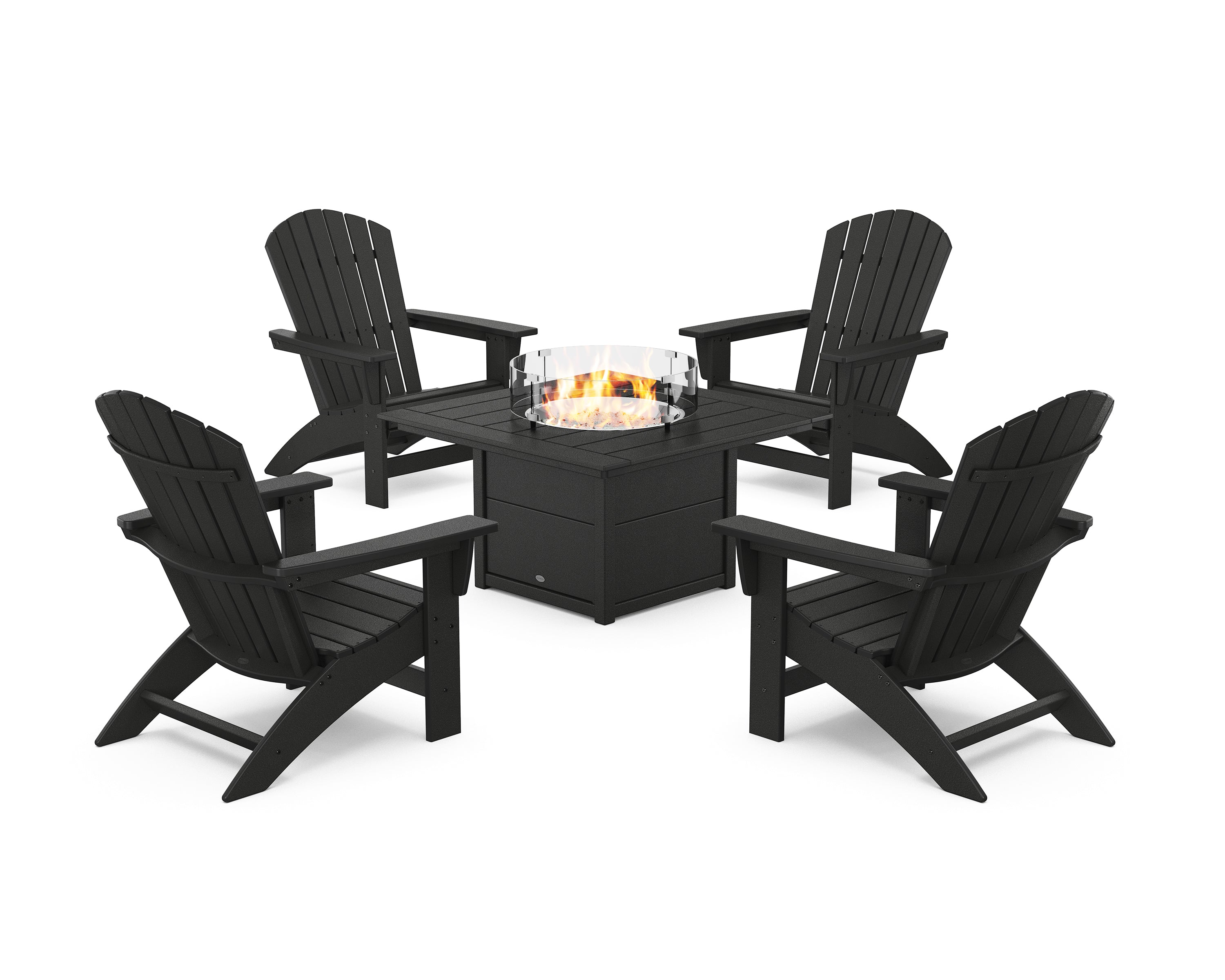 POLYWOOD 5-Piece Nautical Grand Adirondack Conversation Set with Fire Pit Table in Black