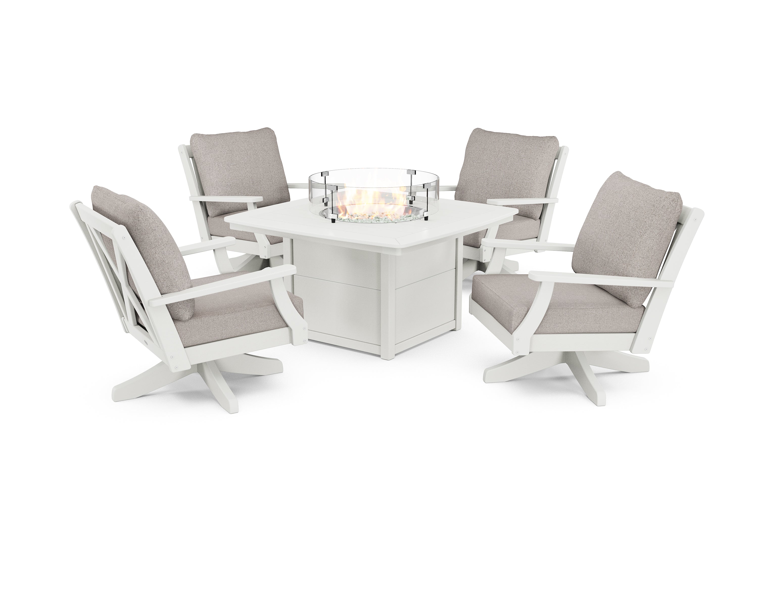 POLYWOOD Braxton 5-Piece Deep Seating Swivel Conversation Set with Fire Pit Table in Vintage White / Weathered Tweed
