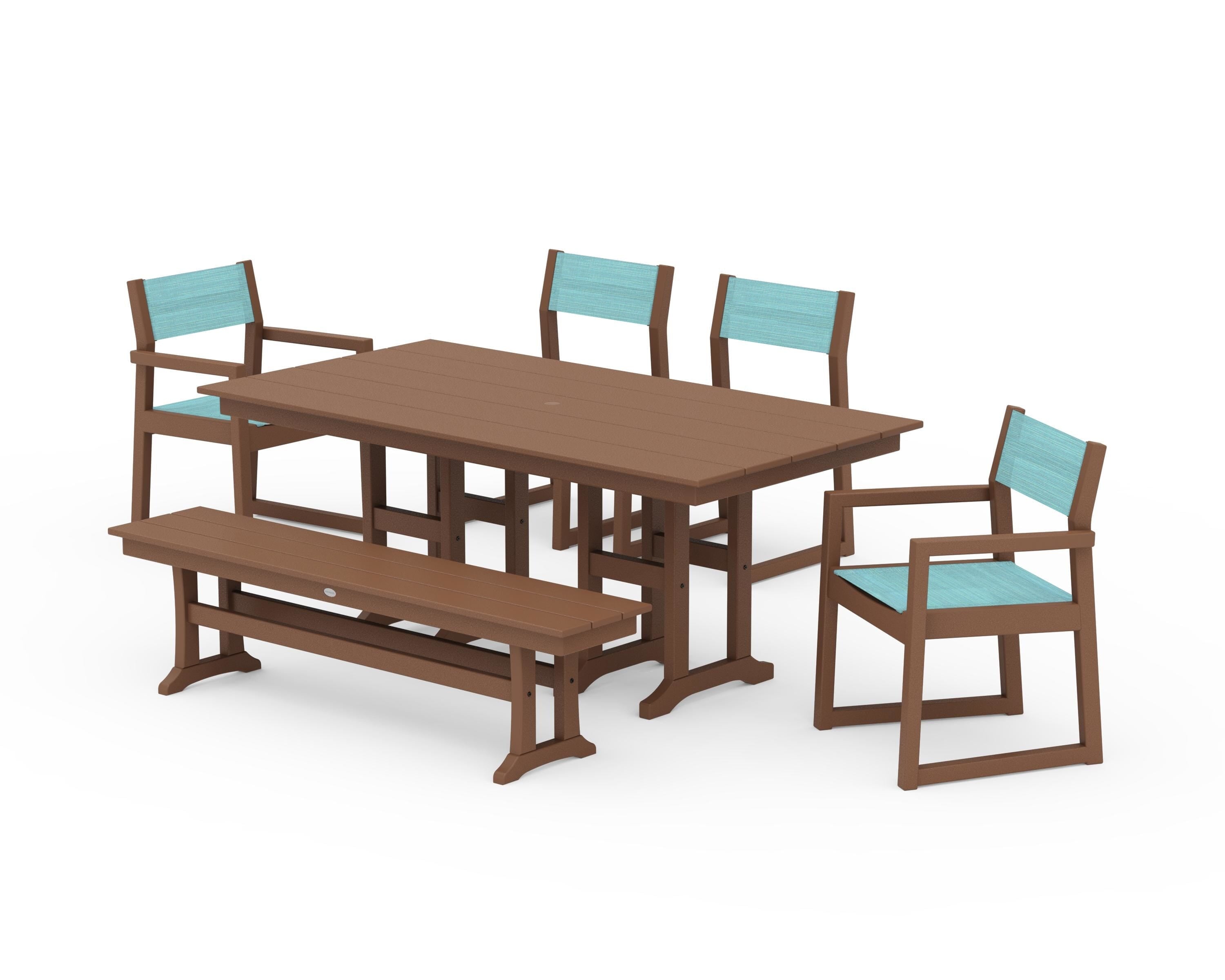 POLYWOOD EDGE Sling 6-Piece Farmhouse Dining Set in Teak / Dupioni Aquamarine Sling