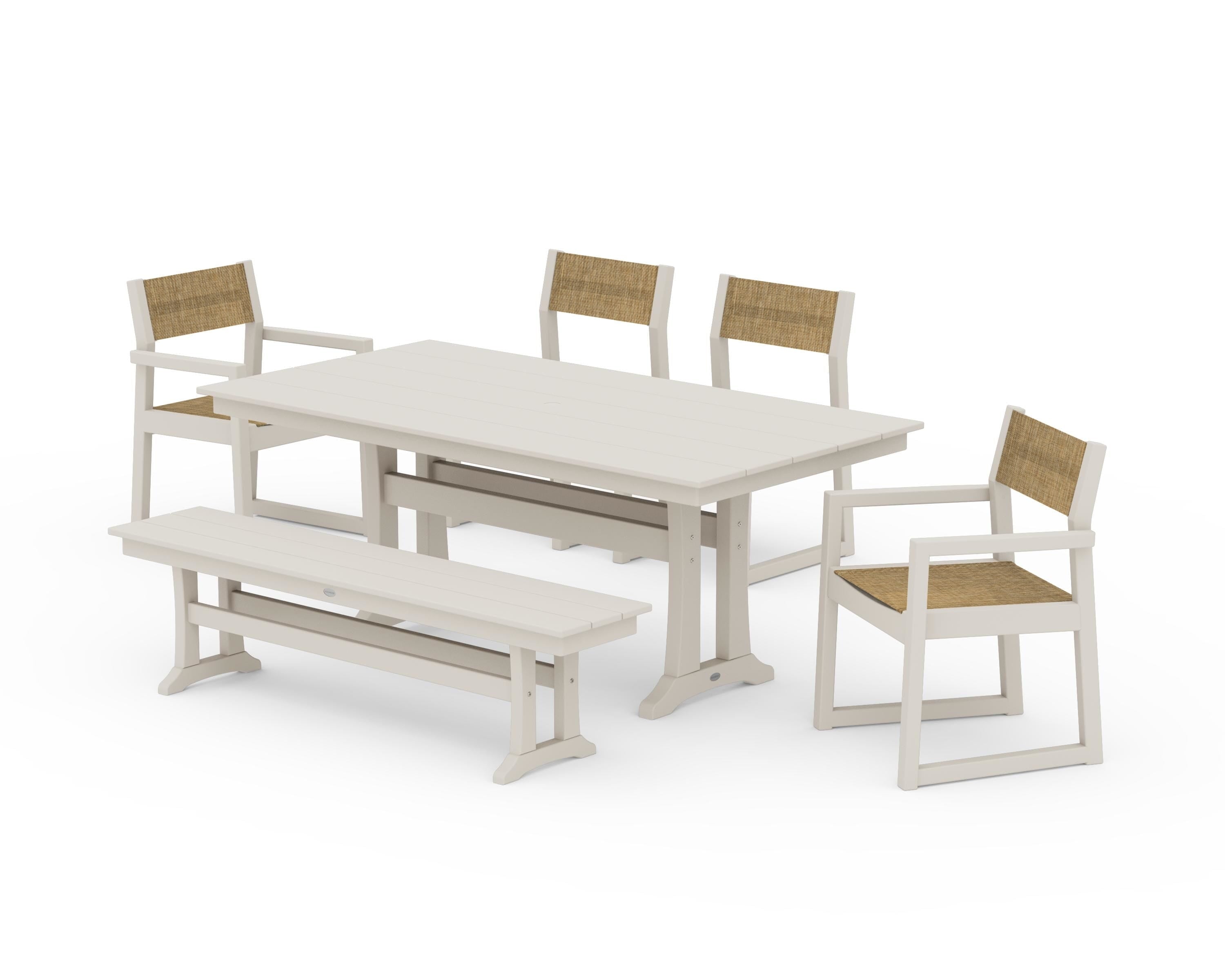 POLYWOOD EDGE Sling 6-Piece Farmhouse Dining Set With Trestle Legs in Sand / Burlap Sling