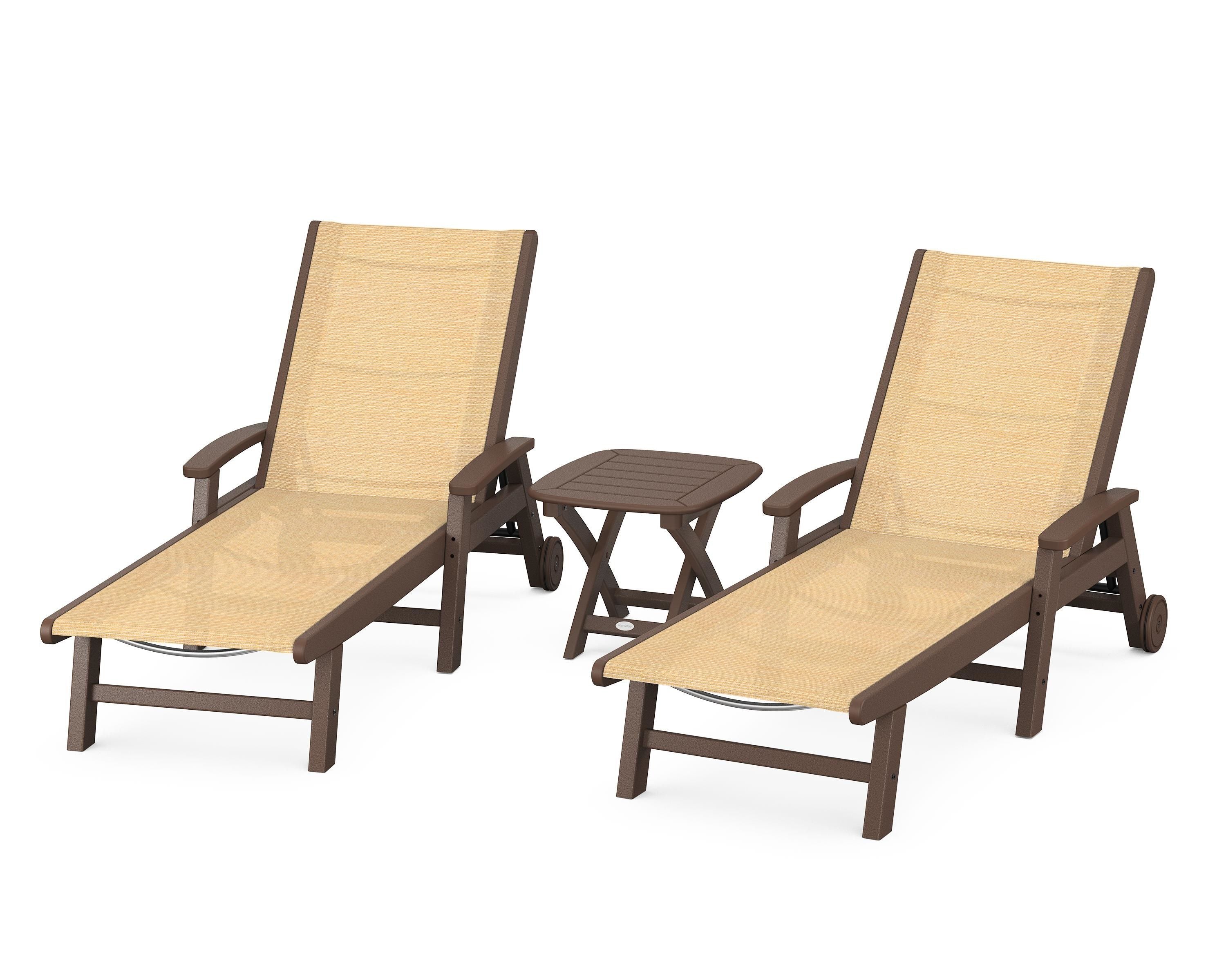 POLYWOOD Coastal 3-Piece Wheeled Chaise Set in Mahogany / Dupioni Apricot Sling