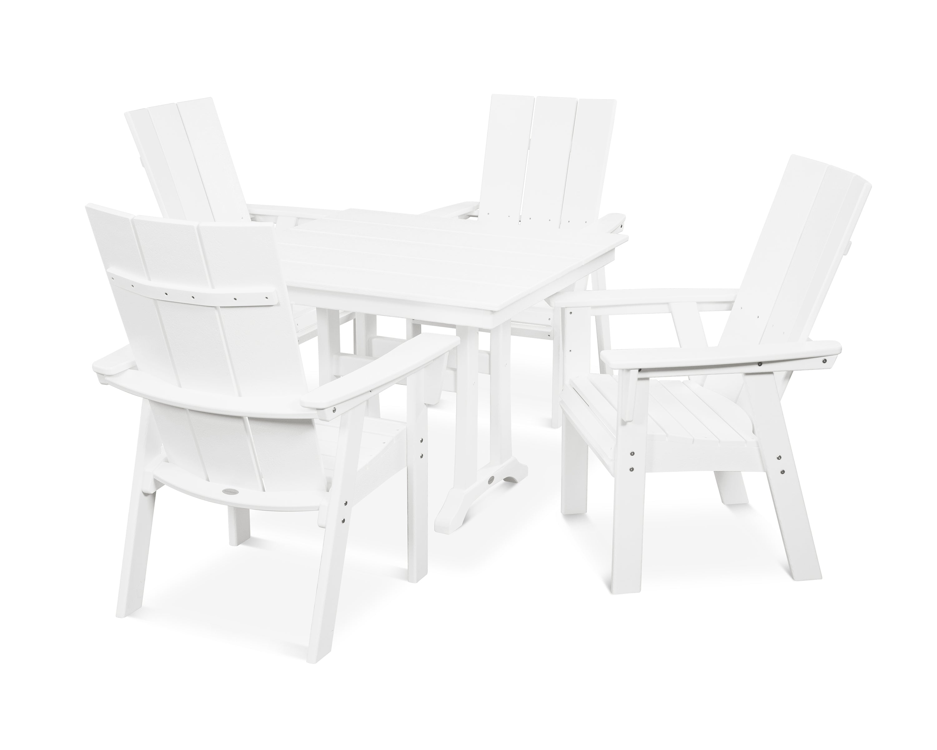 POLYWOOD® Modern Curveback Adirondack 5-Piece Farmhouse Trestle Dining Set in White