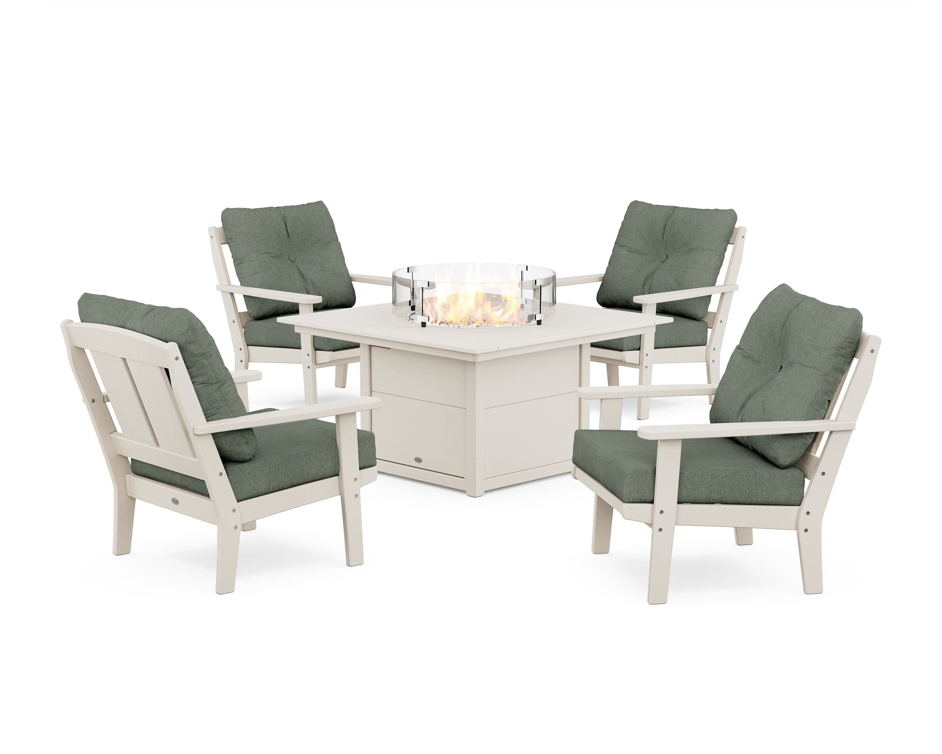 POLYWOOD Mission 5-Piece Deep Seating Set with Fire Pit Table in Sand / Cast Sage