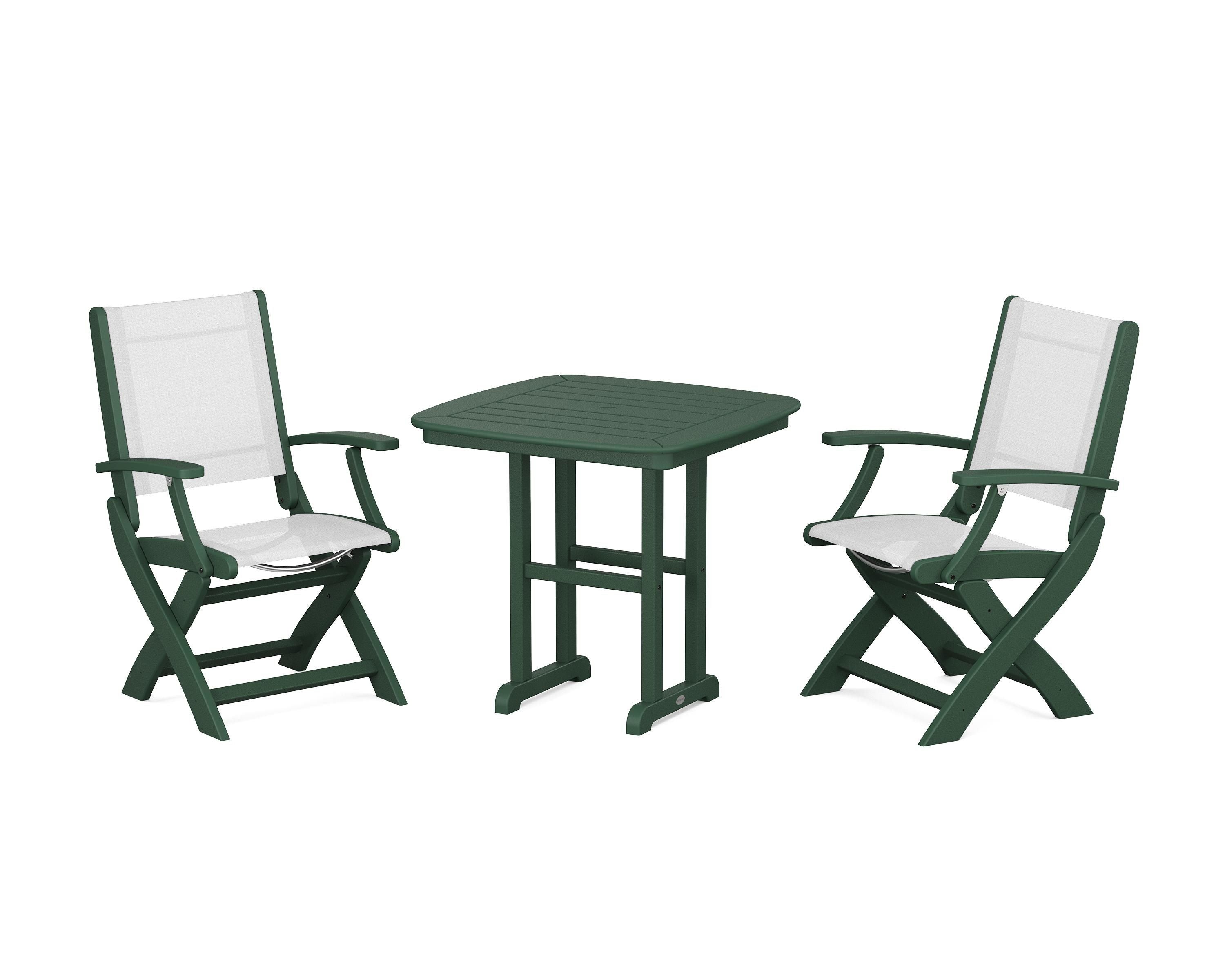 POLYWOOD Coastal Folding Chair 3-Piece Dining Set in Green / White Sling