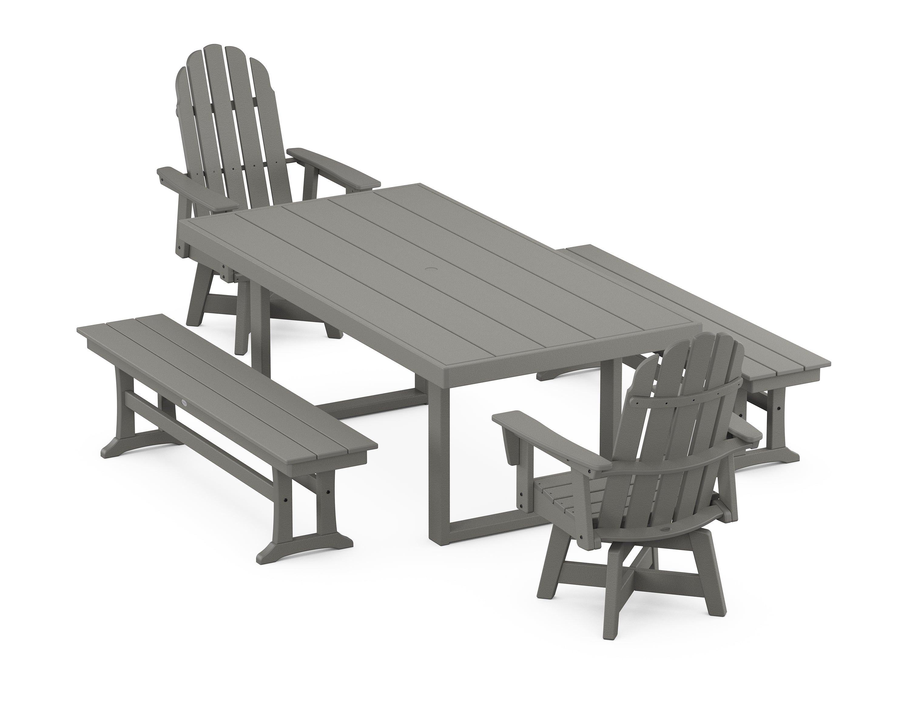 POLYWOOD® Vineyard Curveback Adirondack Swivel Chair 5-Piece Dining Set with Benches in Slate Grey