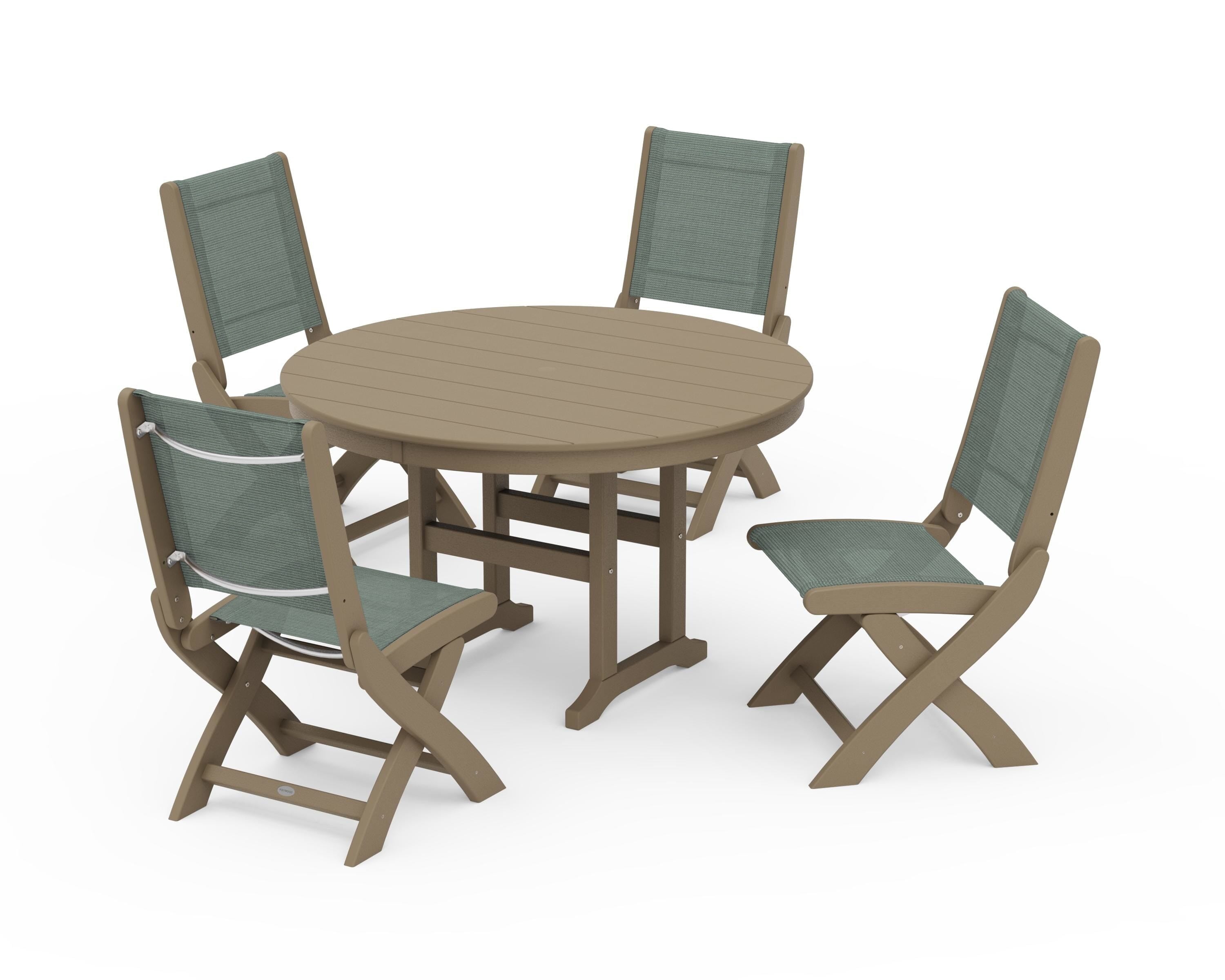POLYWOOD Coastal Folding Side Chair 5-Piece Round Dining Set in Vintage Sahara / Dupioni Sea Mist Sling
