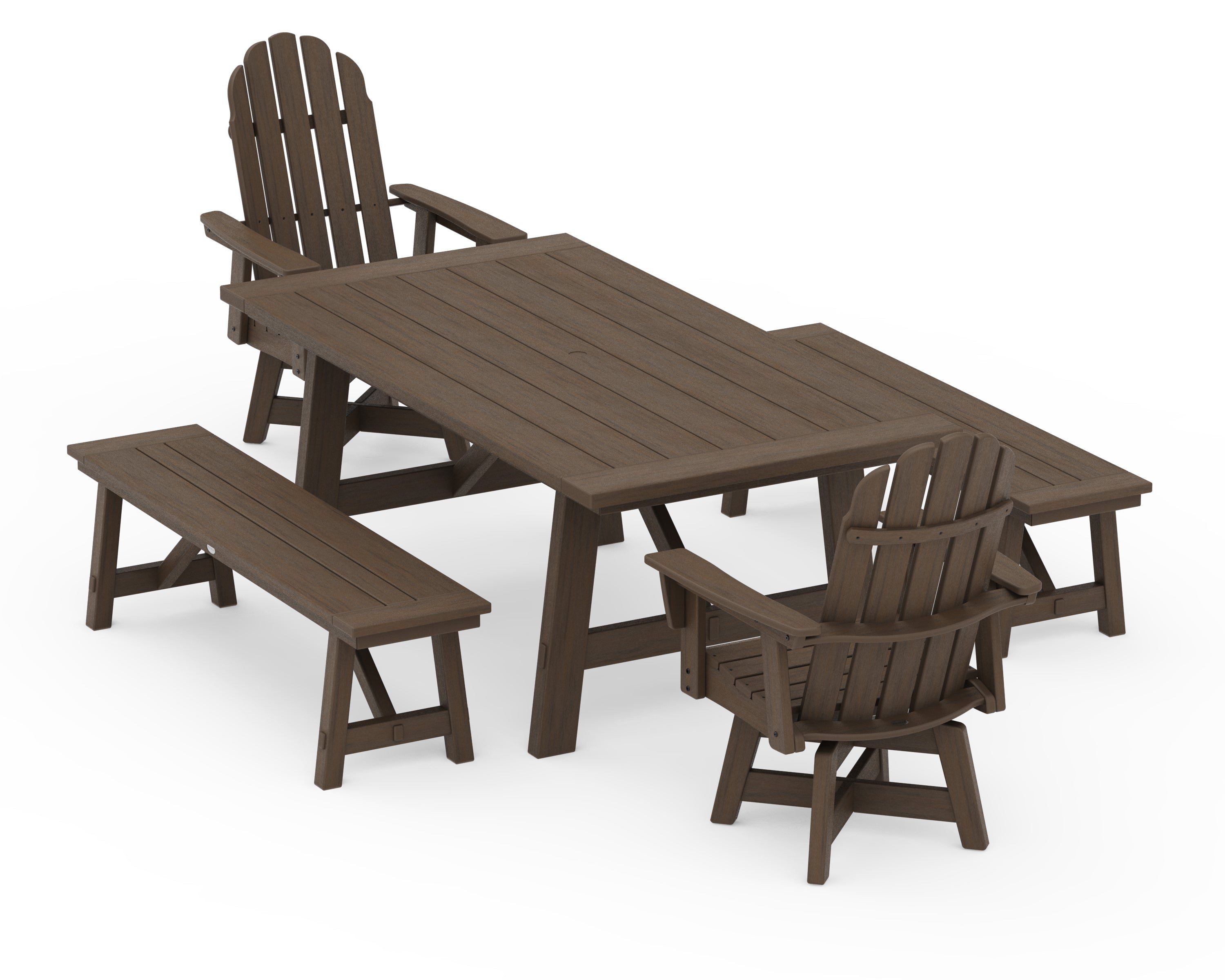 POLYWOOD VineyardCurveback Adirondack Swivel Chair 5-Piece Rustic Farmhouse Dining Set With Benches in Kona