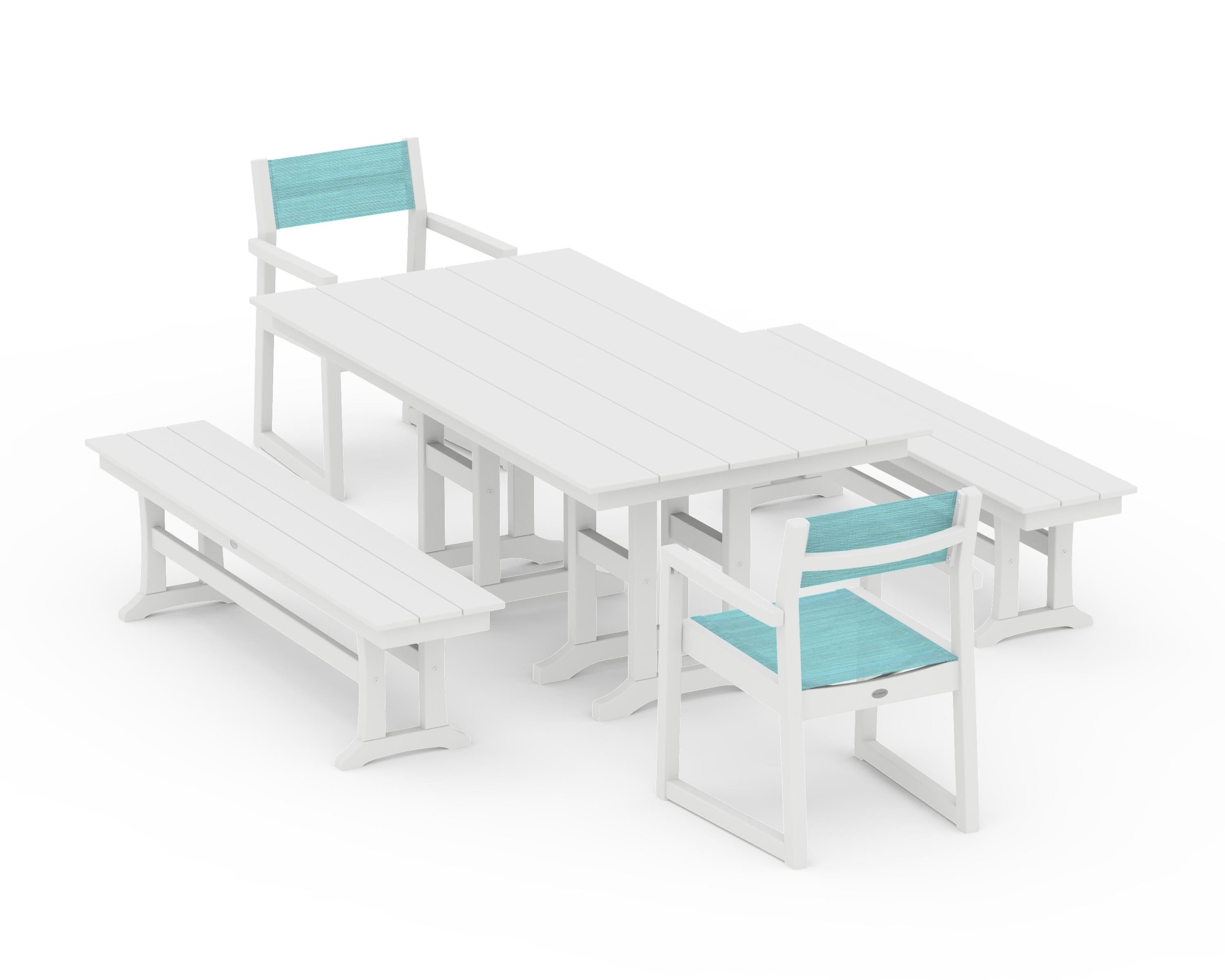 POLYWOOD EDGE Sling Arm Chair 5-Piece Farmhouse Dining Set with Benches in White / Dupioni Aquamarine Sling