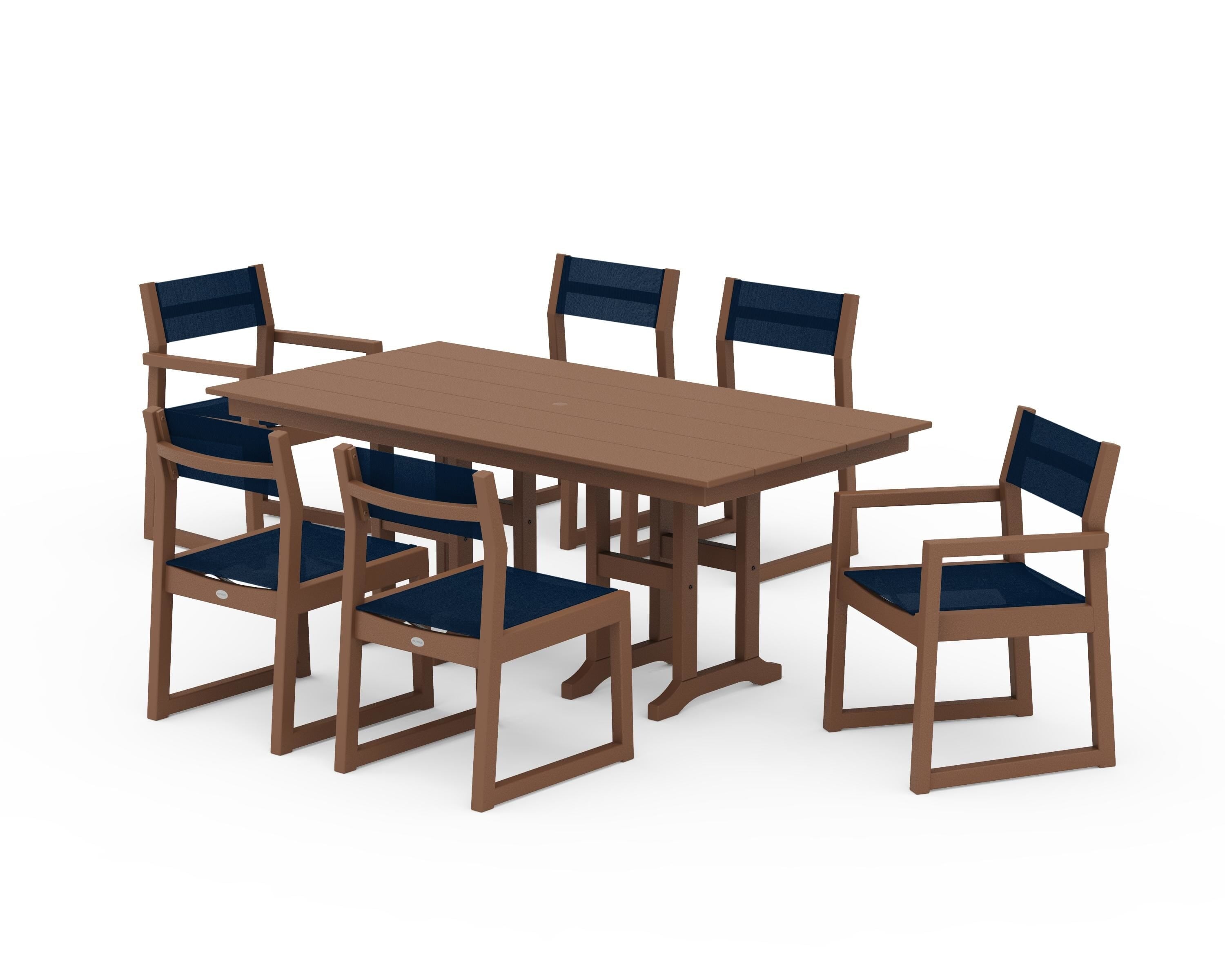 POLYWOOD EDGE Sling 7-Piece Farmhouse Dining Set in Teak / Navy Blue Sling