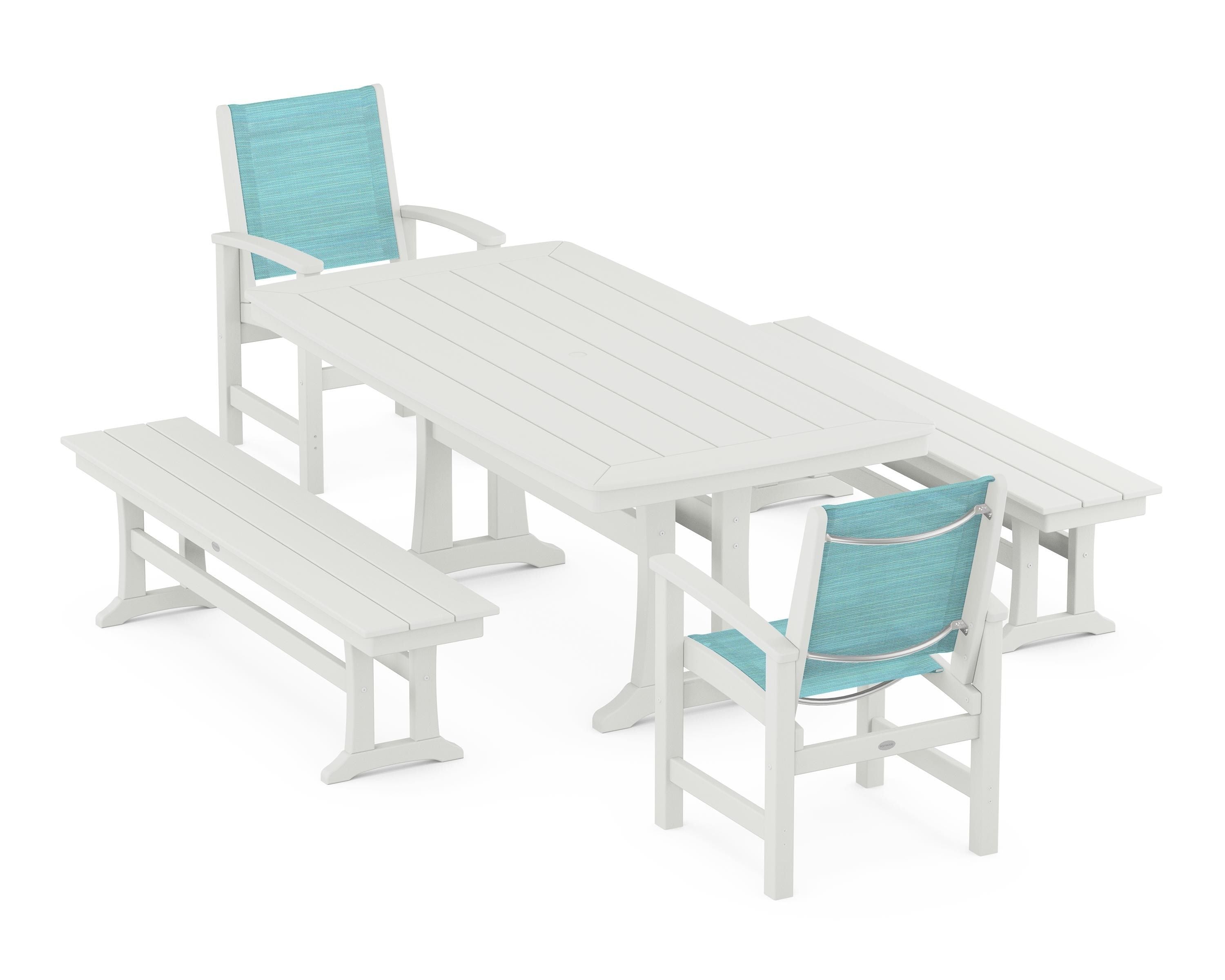POLYWOOD Coastal 5-Piece Dining Set with Trestle Legs and Benches in Vintage White / Dupioni Aquamarine Sling
