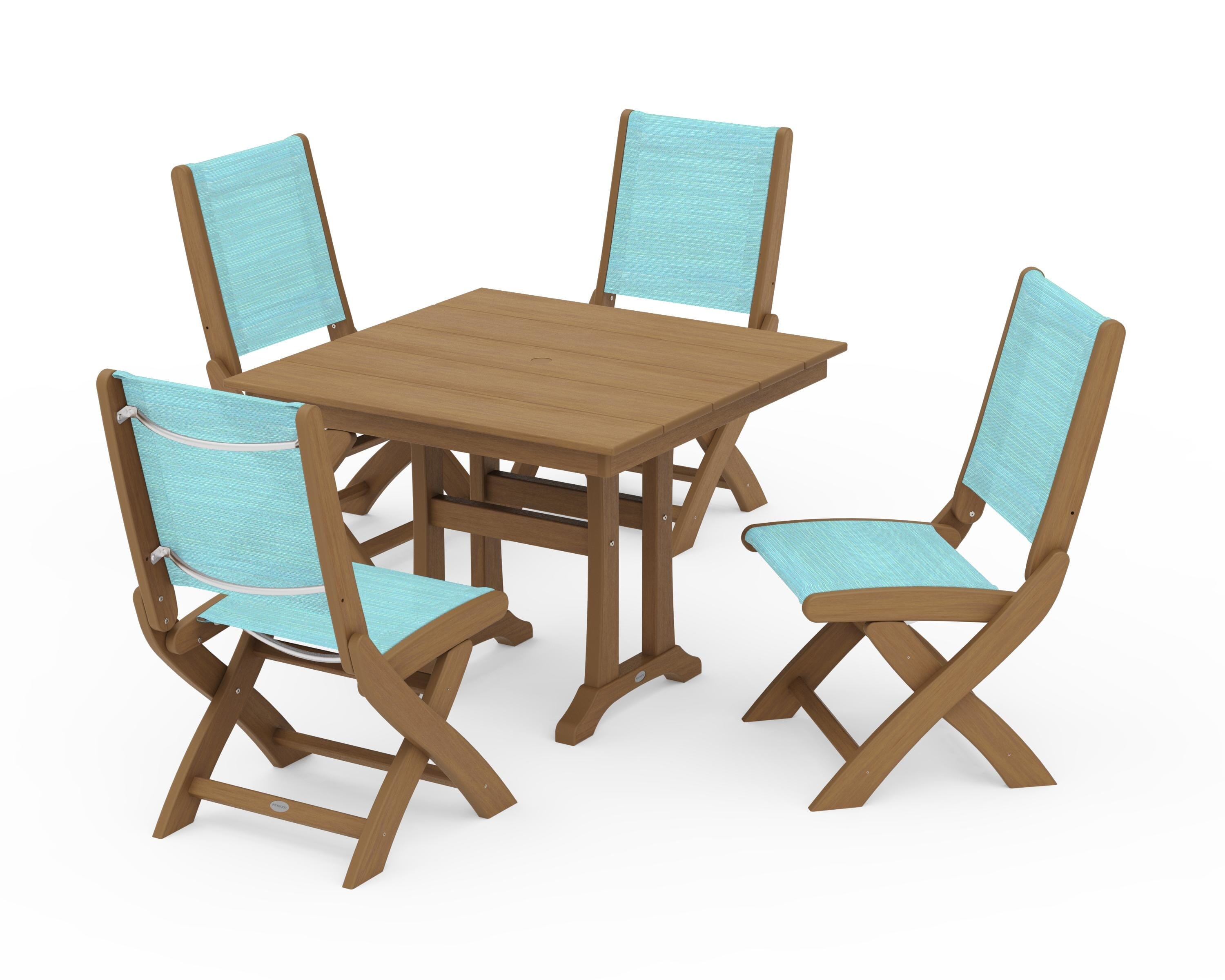 POLYWOOD Coastal Folding Side Chair 5-Piece Farmhouse Dining Set With Trestle Legs in Natural / Dupioni Aquamarine Sling