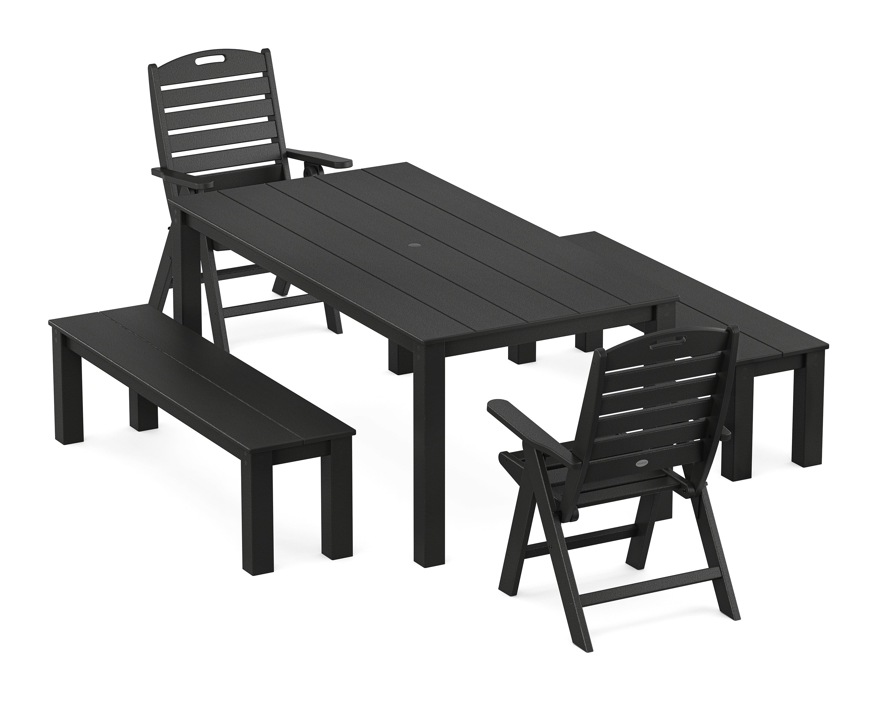 POLYWOOD Nautical Folding Highback Chair 5-Piece Parsons Dining Set with Benches in Black