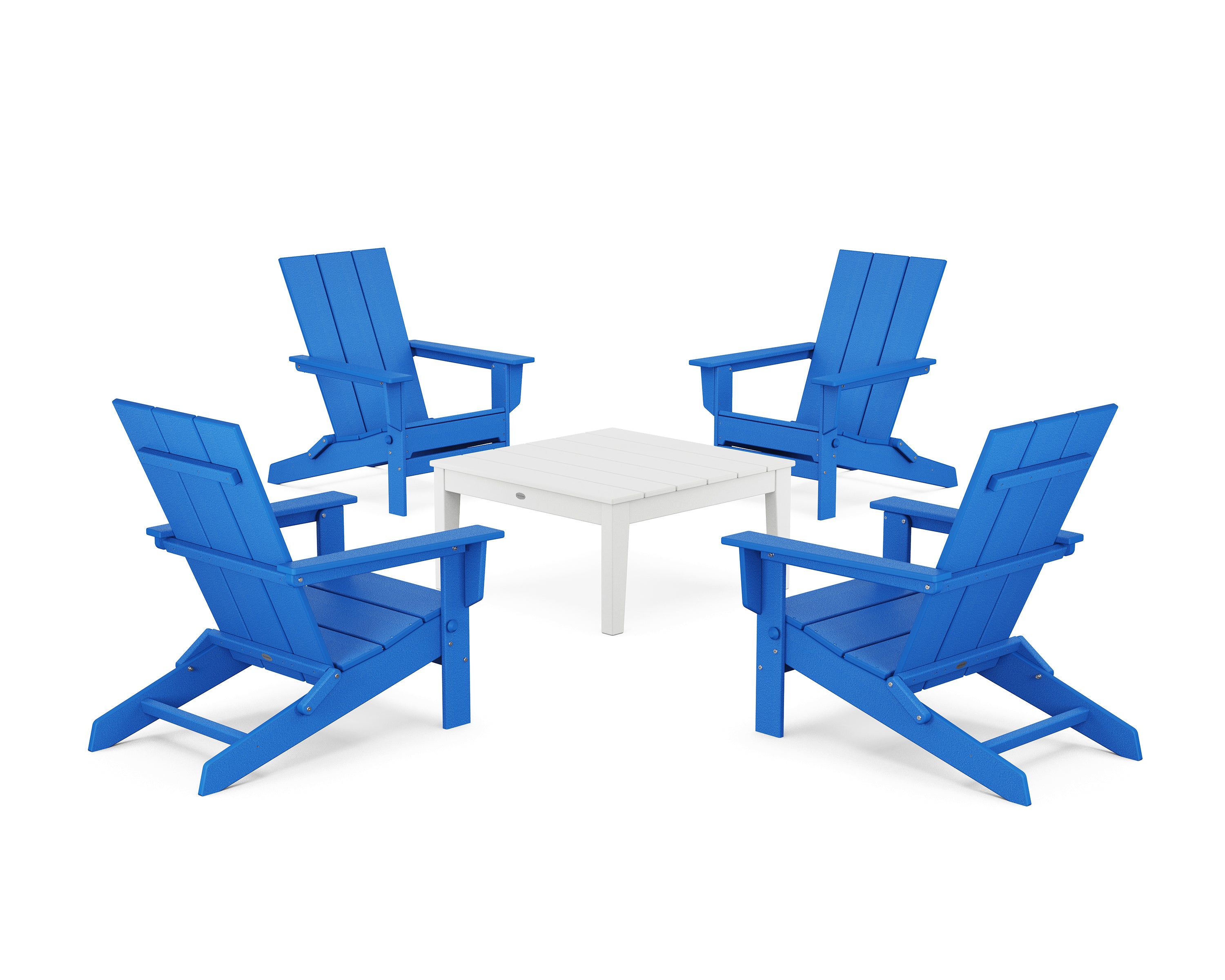 POLYWOOD 5-Piece Modern Studio Folding Adirondack Chair Conversation Group in Pacific Blue / White