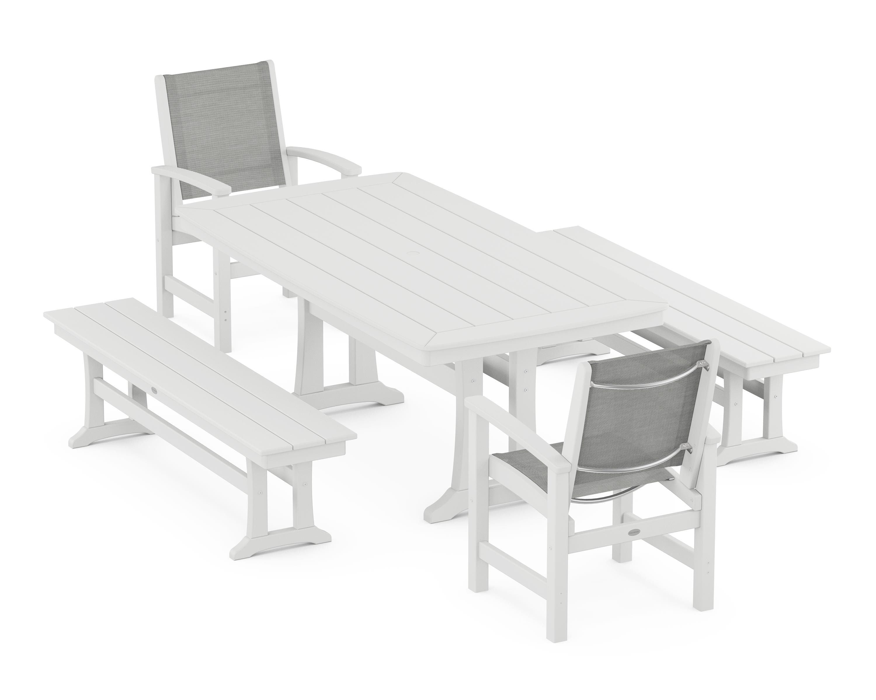 POLYWOOD Coastal 5-Piece Dining Set with Trestle Legs and Benches in White / Metallic Sling