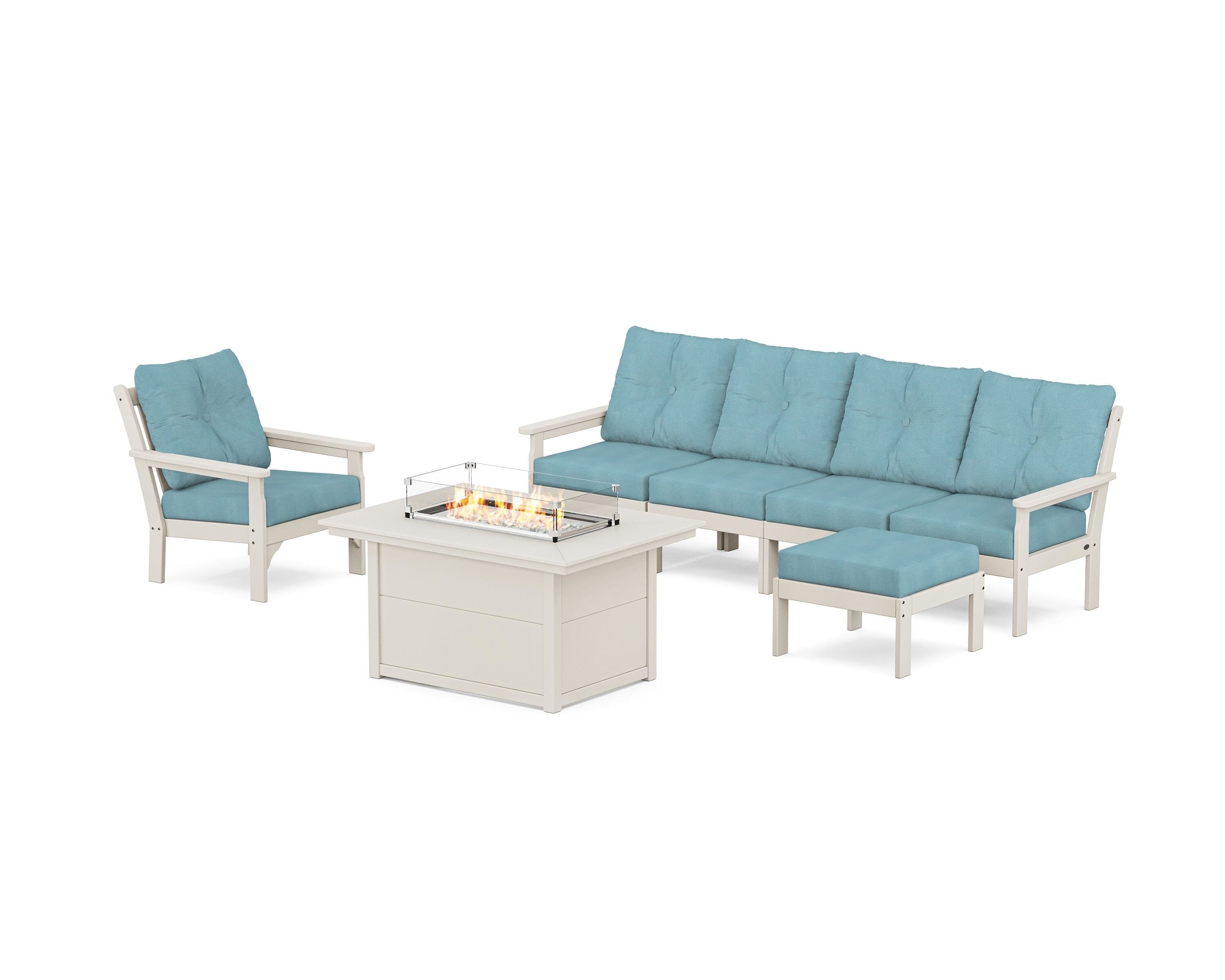 POLYWOOD Vineyard Sectional Lounge and Fire Pit Set in Sand / Lattice Sky Blue