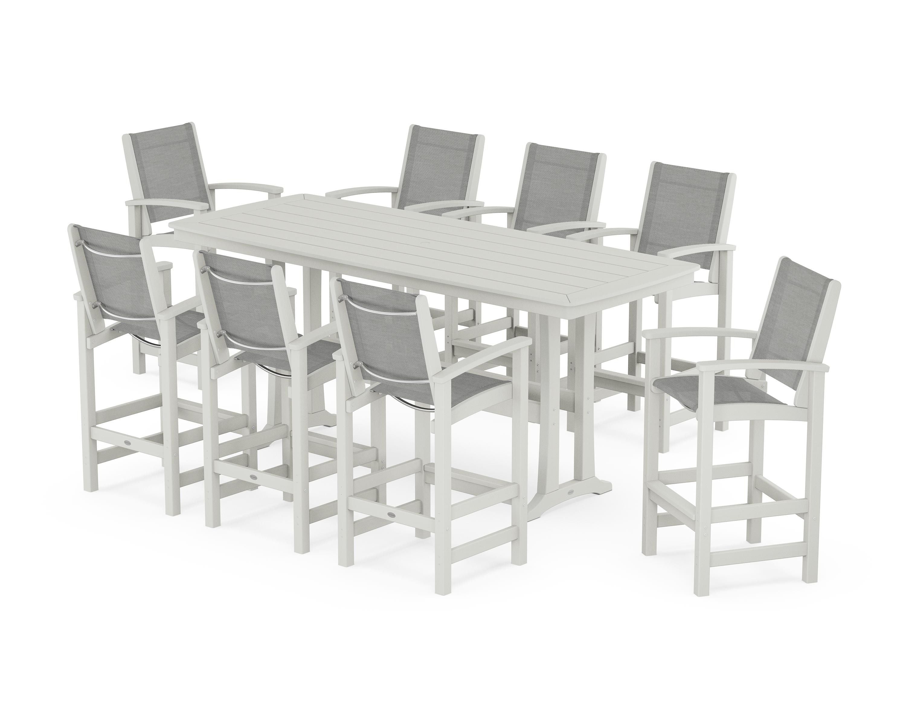 POLYWOOD Coastal 9-Piece Bar Set with Trestle Legs in Vintage White / Metallic Sling