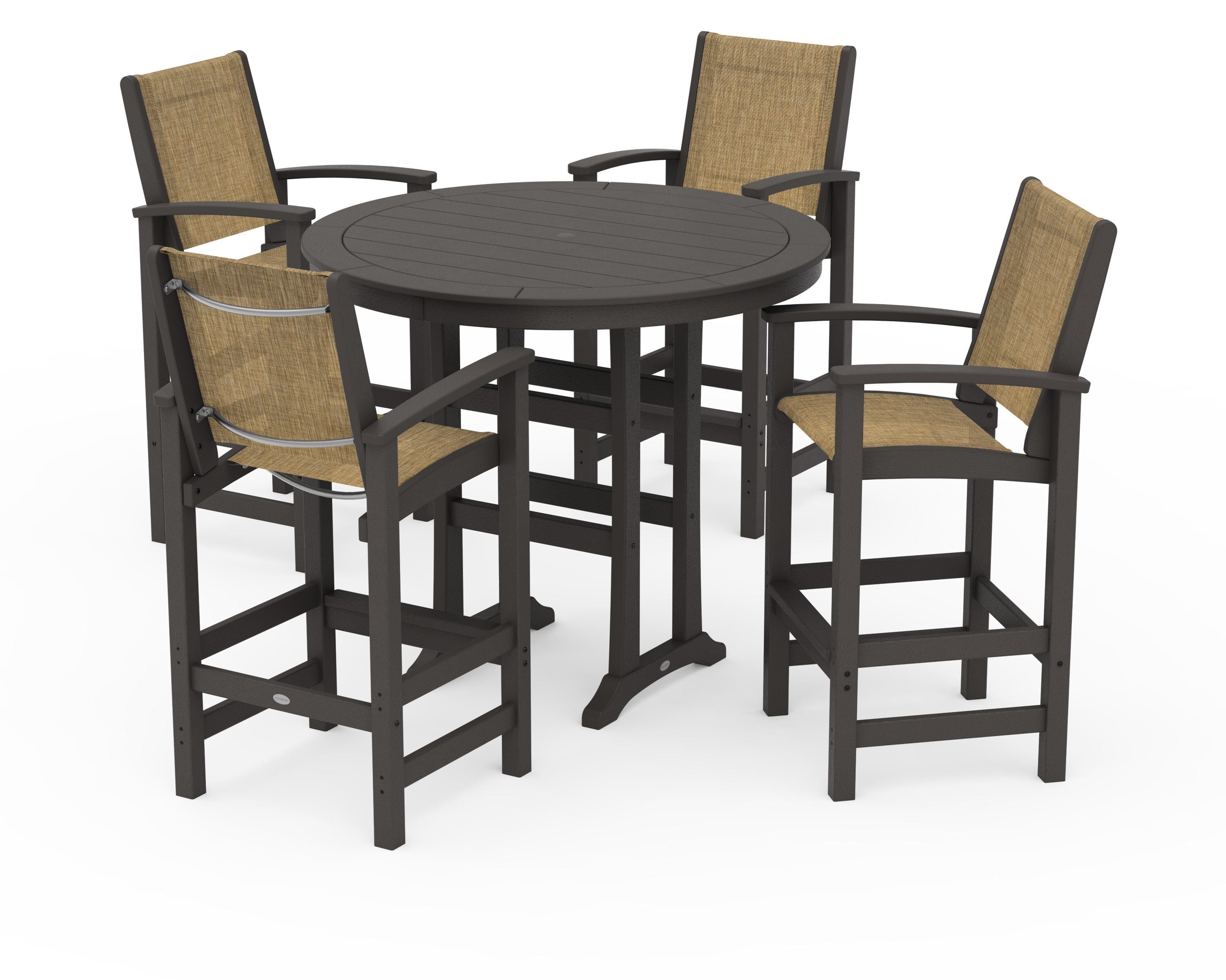 POLYWOOD Coastal 5-Piece Nautical Trestle Bar Set in Vintage Coffee / Burlap Sling