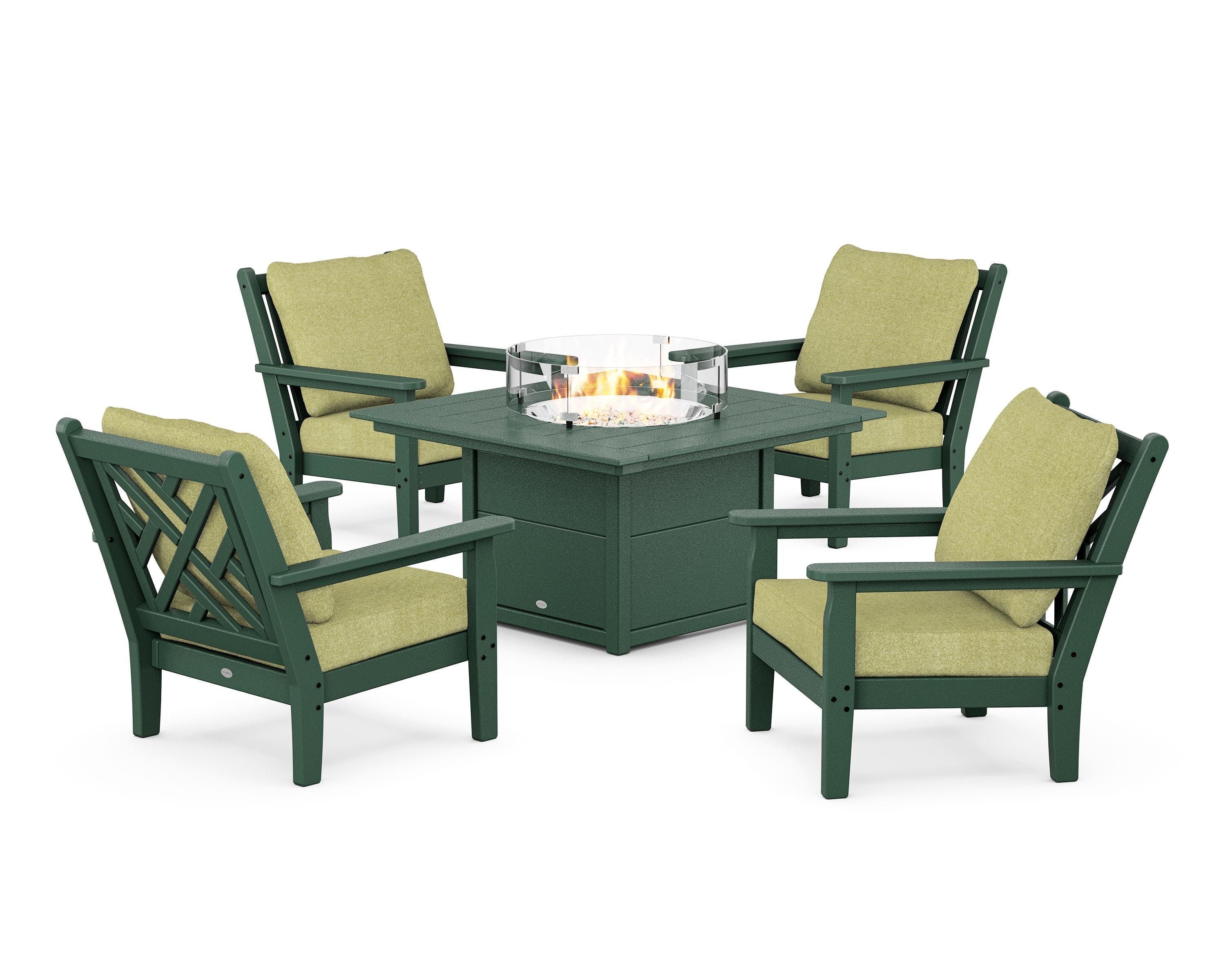 POLYWOOD Chippendale 5-Piece Deep Seating Set with Fire Pit Table in Green / Chartreuse Boucle