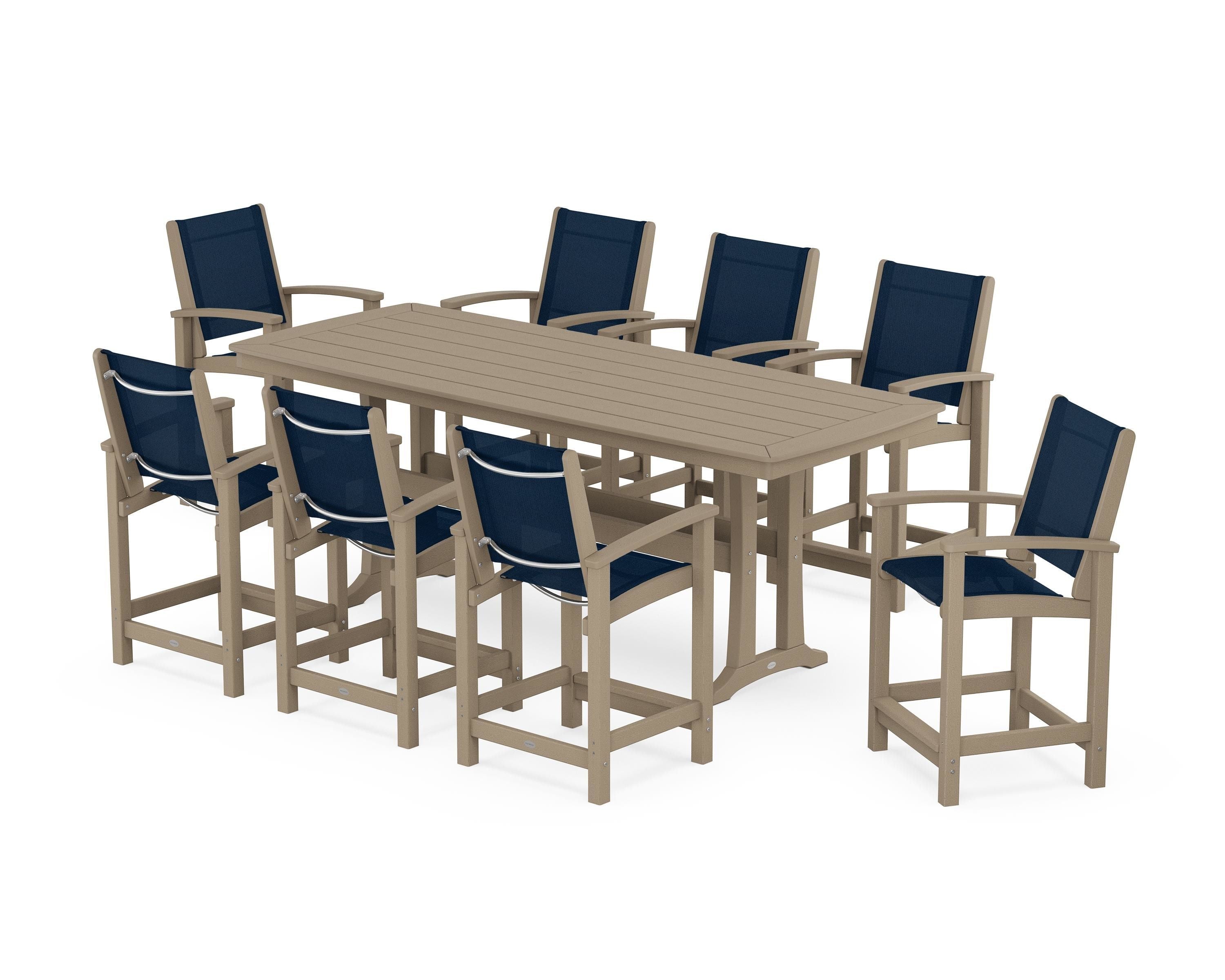 POLYWOOD Coastal 9-Piece Counter Set with Trestle Legs in Vintage Sahara / Navy Blue Sling