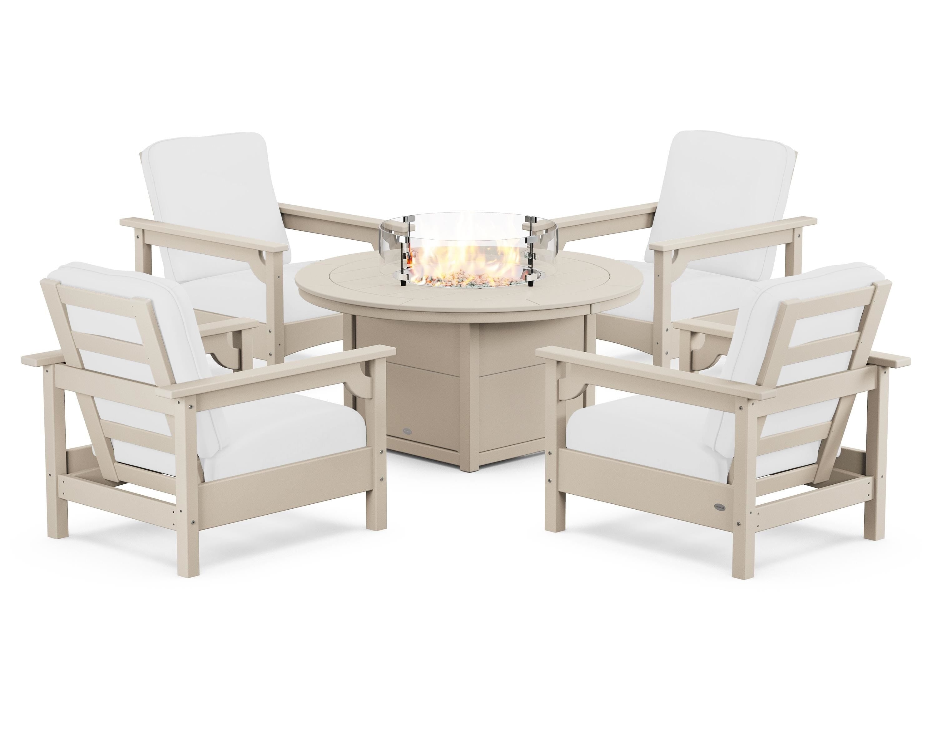 POLYWOOD Club 5-Piece Conversation Set with Fire Pit Table in Sand / Natural