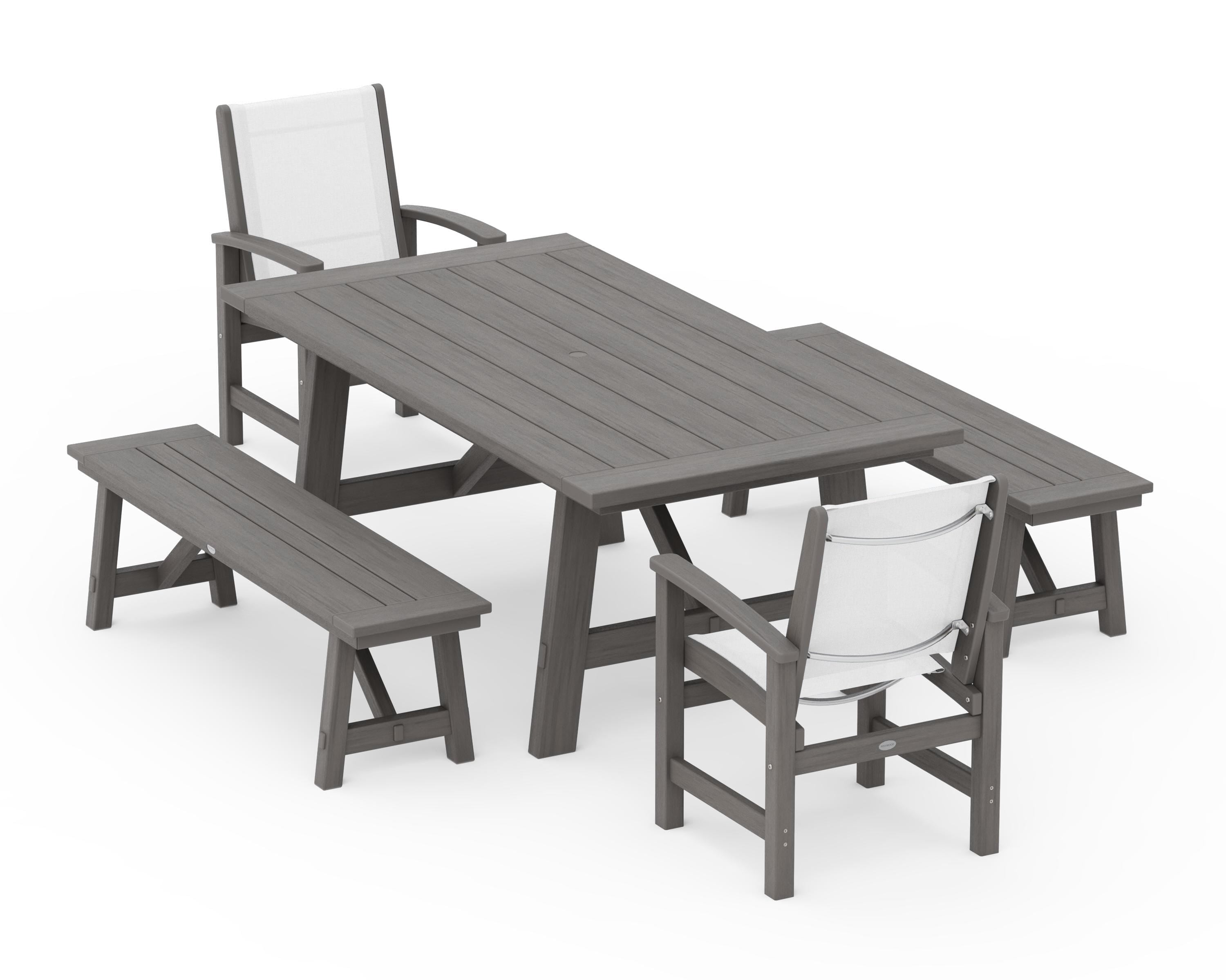 POLYWOOD Coastal 5-Piece Rustic Farmhouse Dining Set With Benches in Driftwood / White Sling