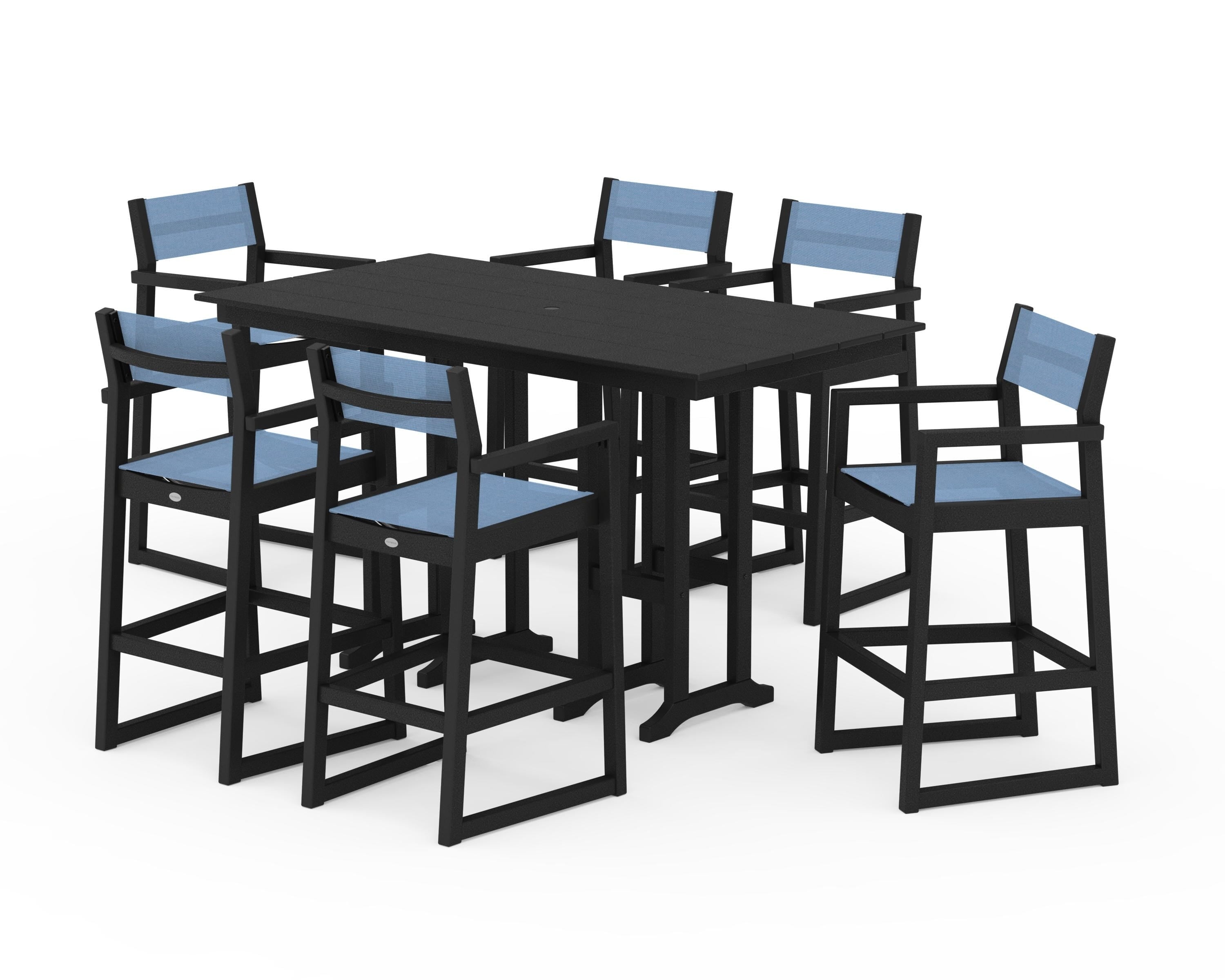 POLYWOOD EDGE Sling Arm Chair 7-Piece Farmhouse Bar Set in Black / Poolside Sling