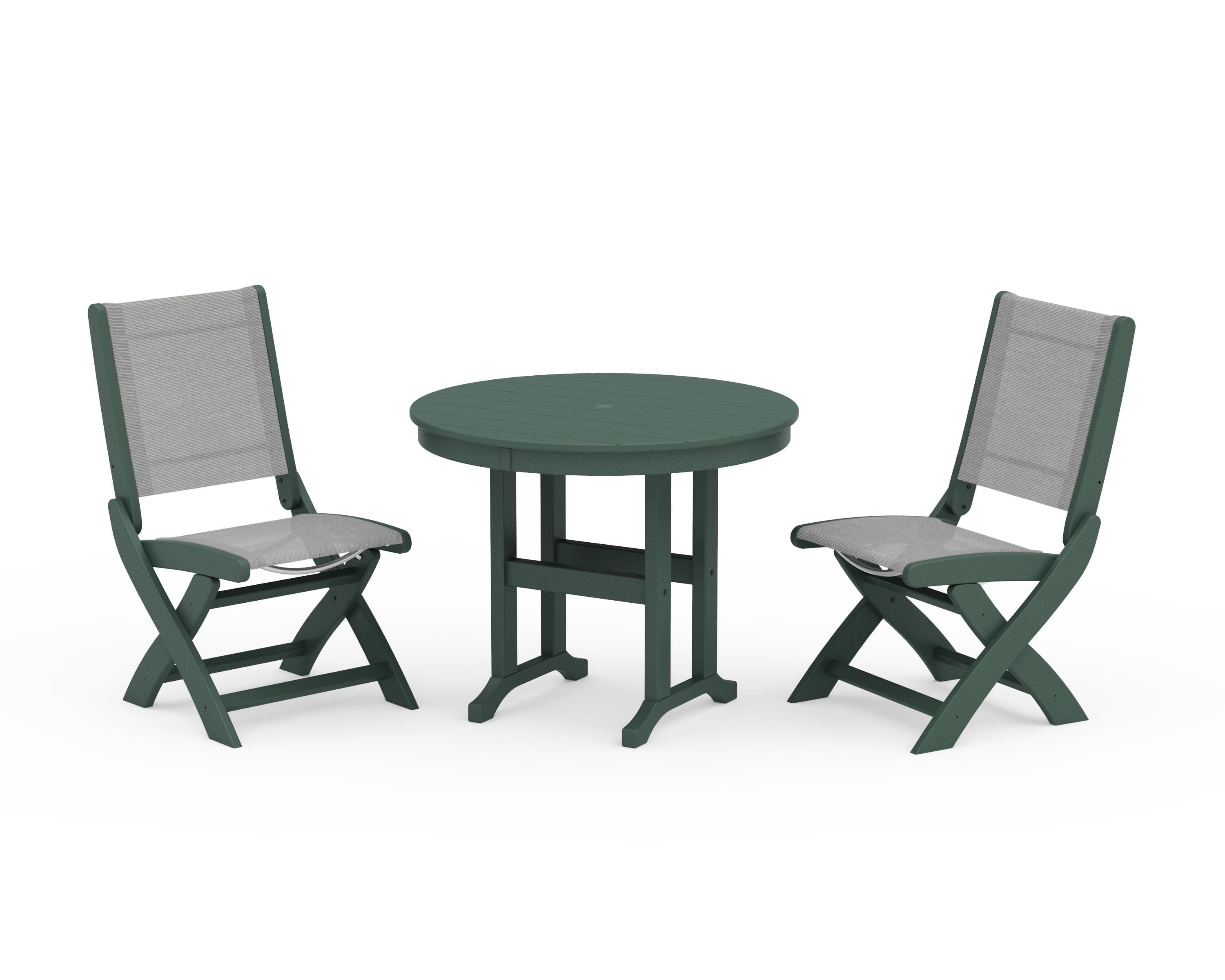 POLYWOOD Coastal Folding Side Chair 3-Piece Round Dining Set in Green / Metallic Sling