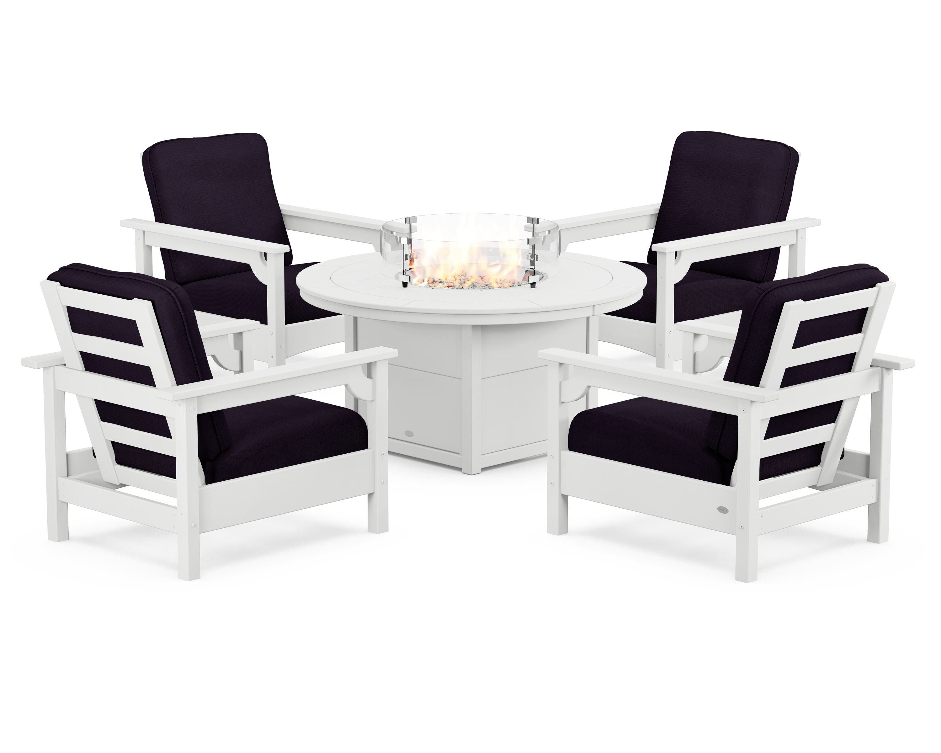 POLYWOOD Club 5-Piece Conversation Set with Fire Pit Table in White / Navy Linen
