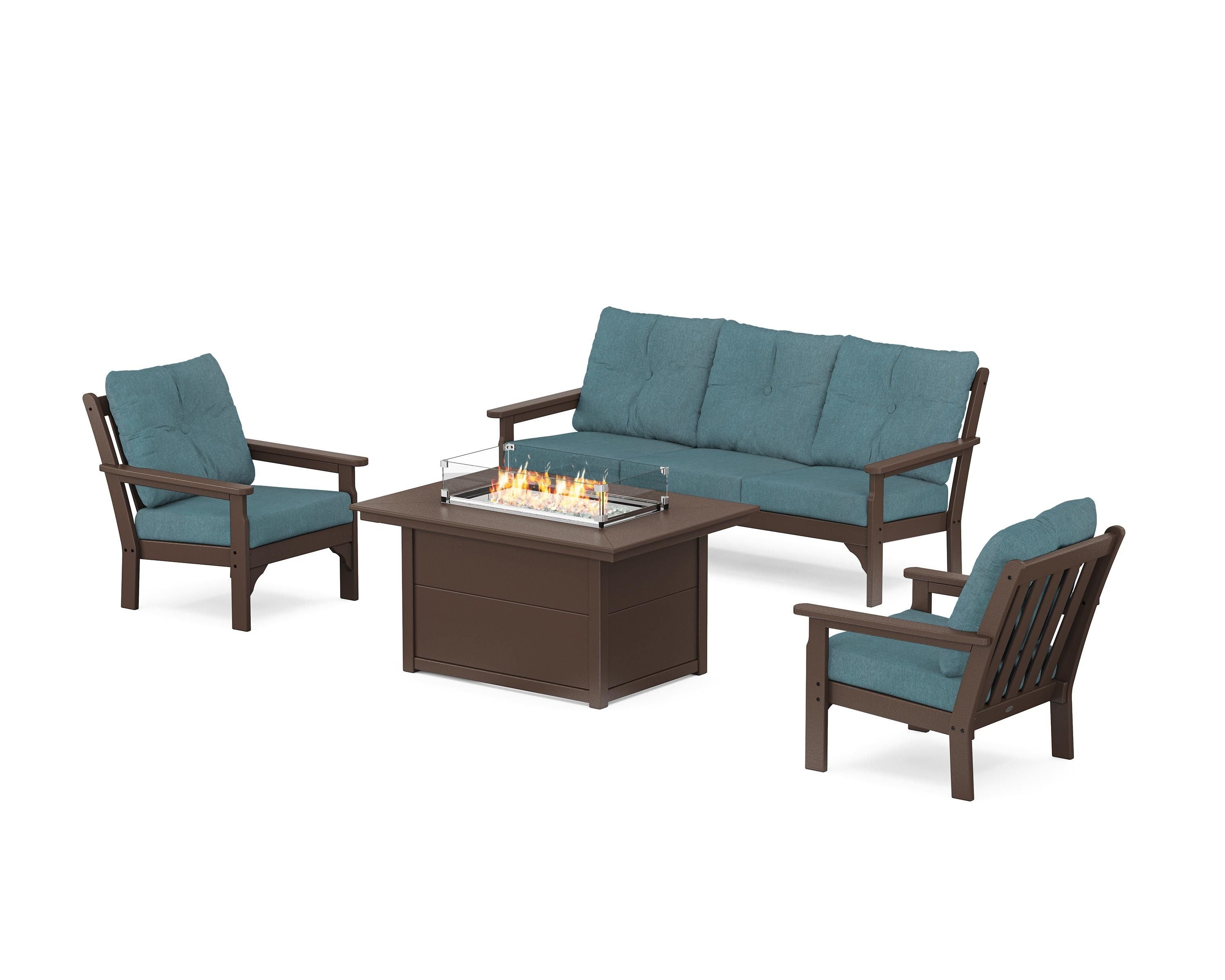 POLYWOOD Vineyard Deep Seating Fire Pit Table Set in Mahogany / Ocean Teal