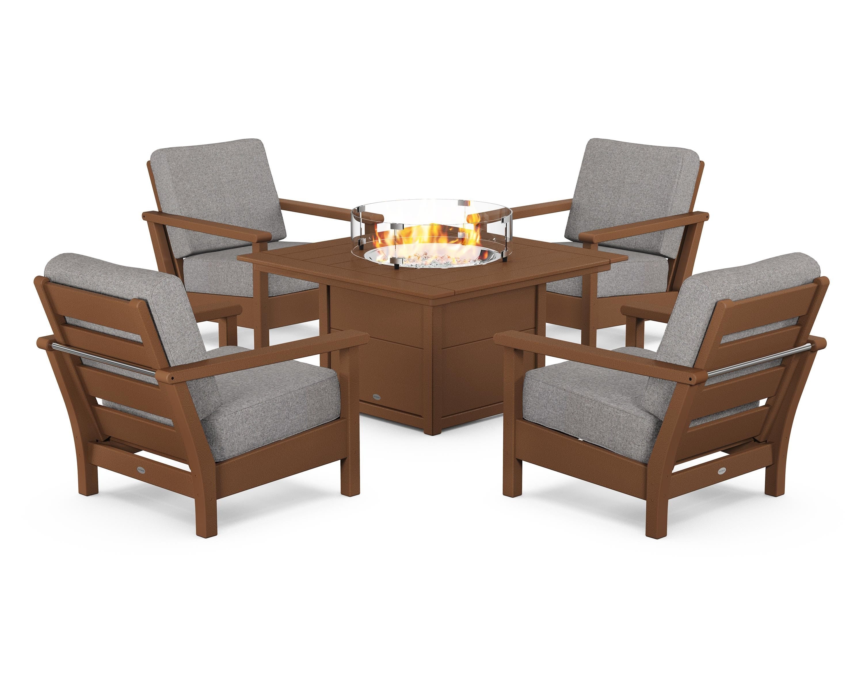 POLYWOOD Harbour 5-Piece Conversation Set with Fire Pit Table in Teak / Grey Mist