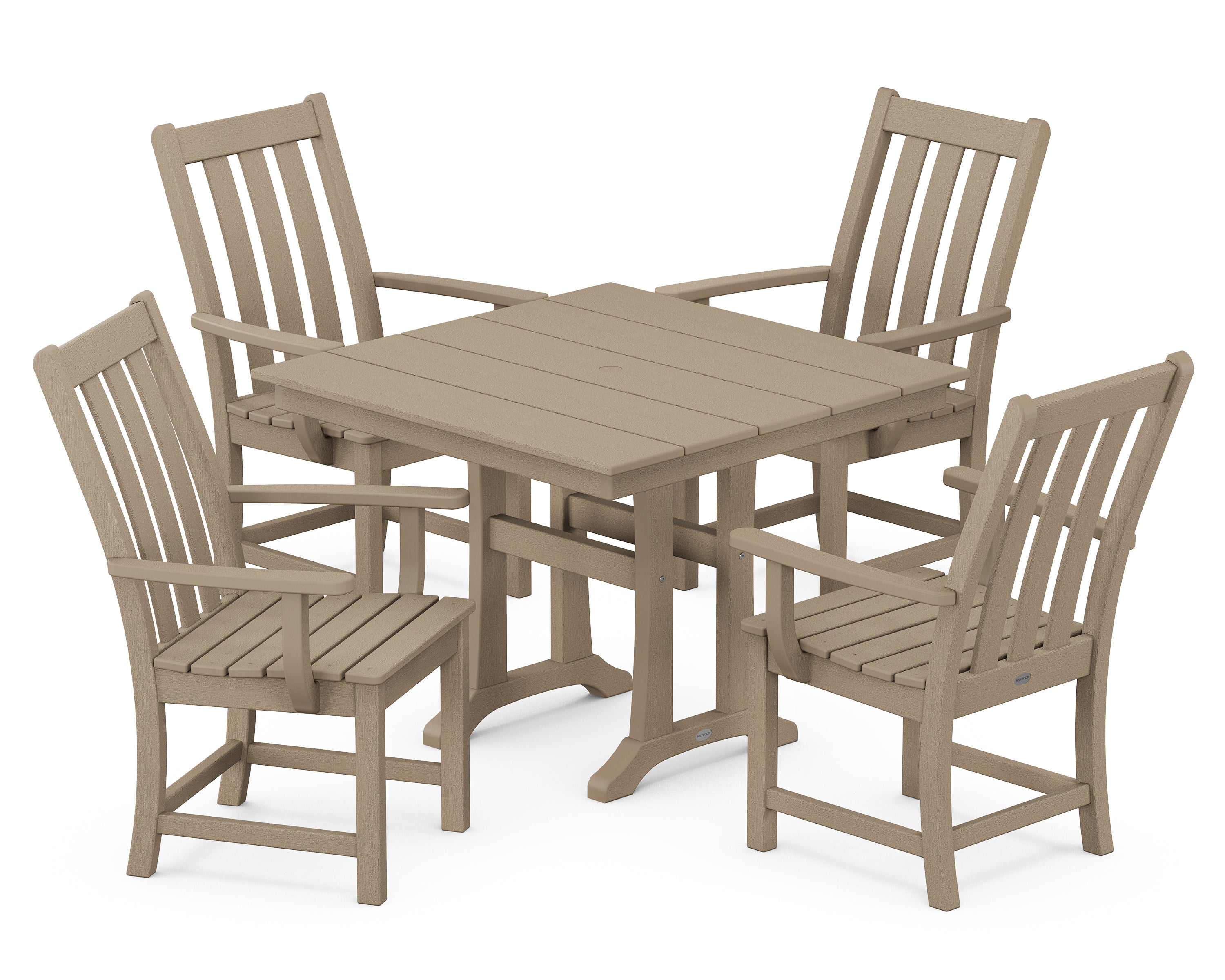 POLYWOOD® Vineyard 5-Piece Farmhouse Trestle Arm Chair Dining Set in Vintage Sahara