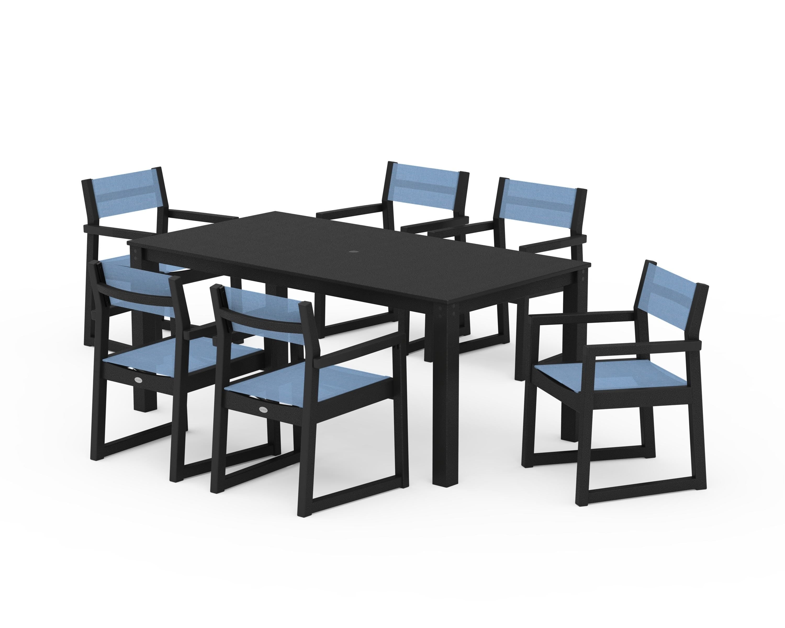POLYWOOD EDGE Sling Arm Chair 7-Piece Parsons Dining Set in Black / Poolside Sling