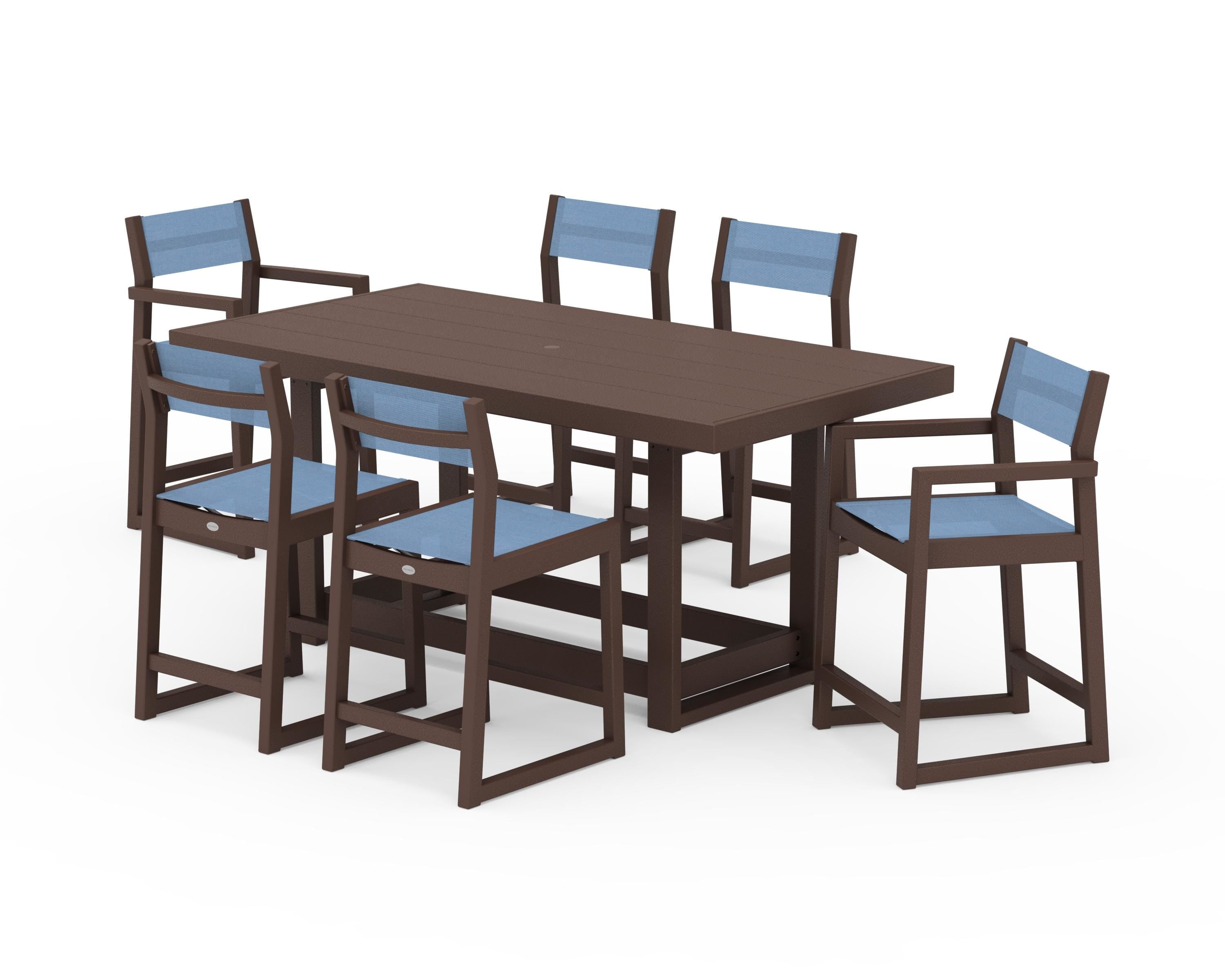 POLYWOOD EDGE Sling 7-Piece Counter Table Set in Mahogany / Poolside Sling