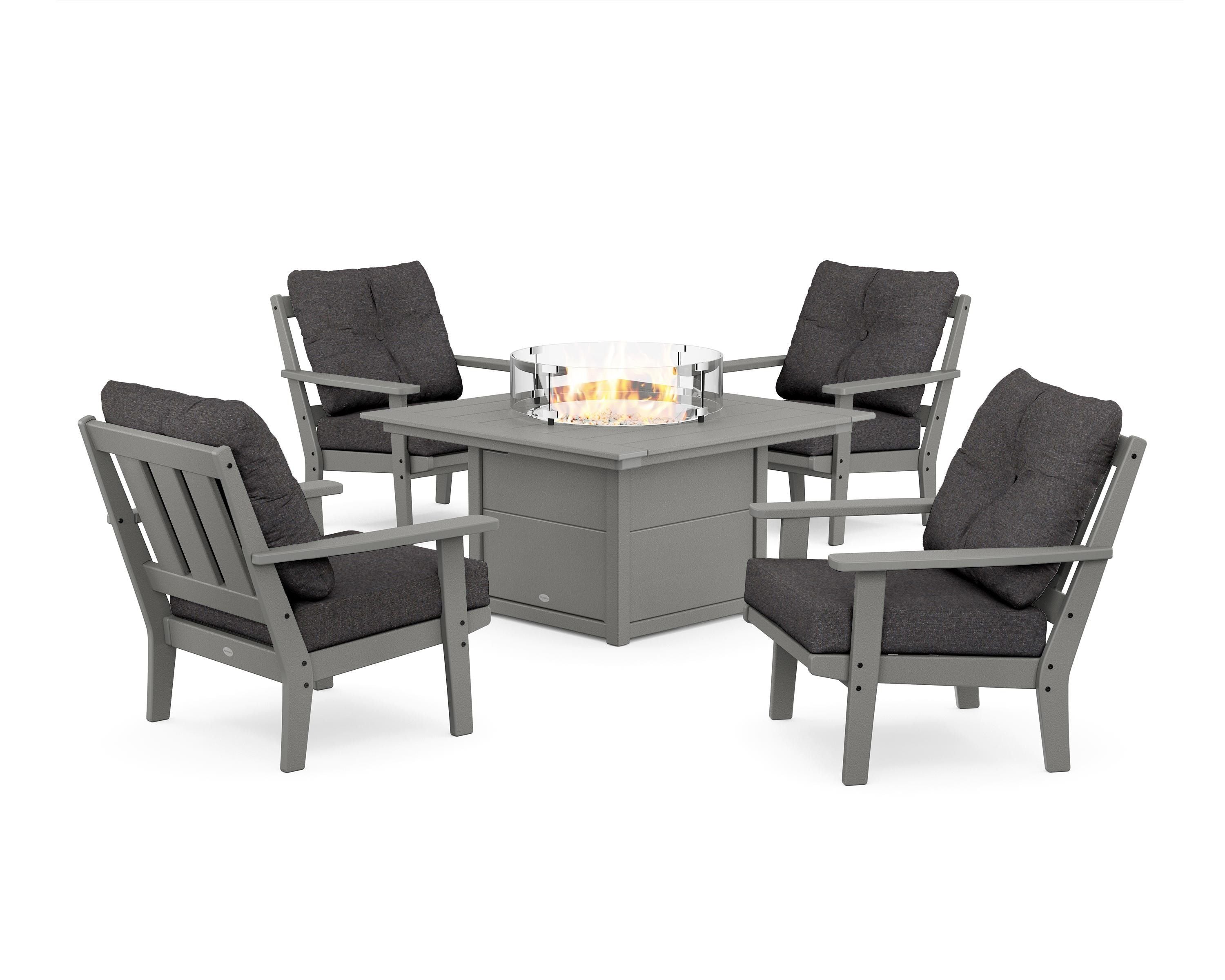 POLYWOOD Oxford 5-Piece Deep Seating Set with Fire Pit Table in Slate Grey / Ash Charcoal