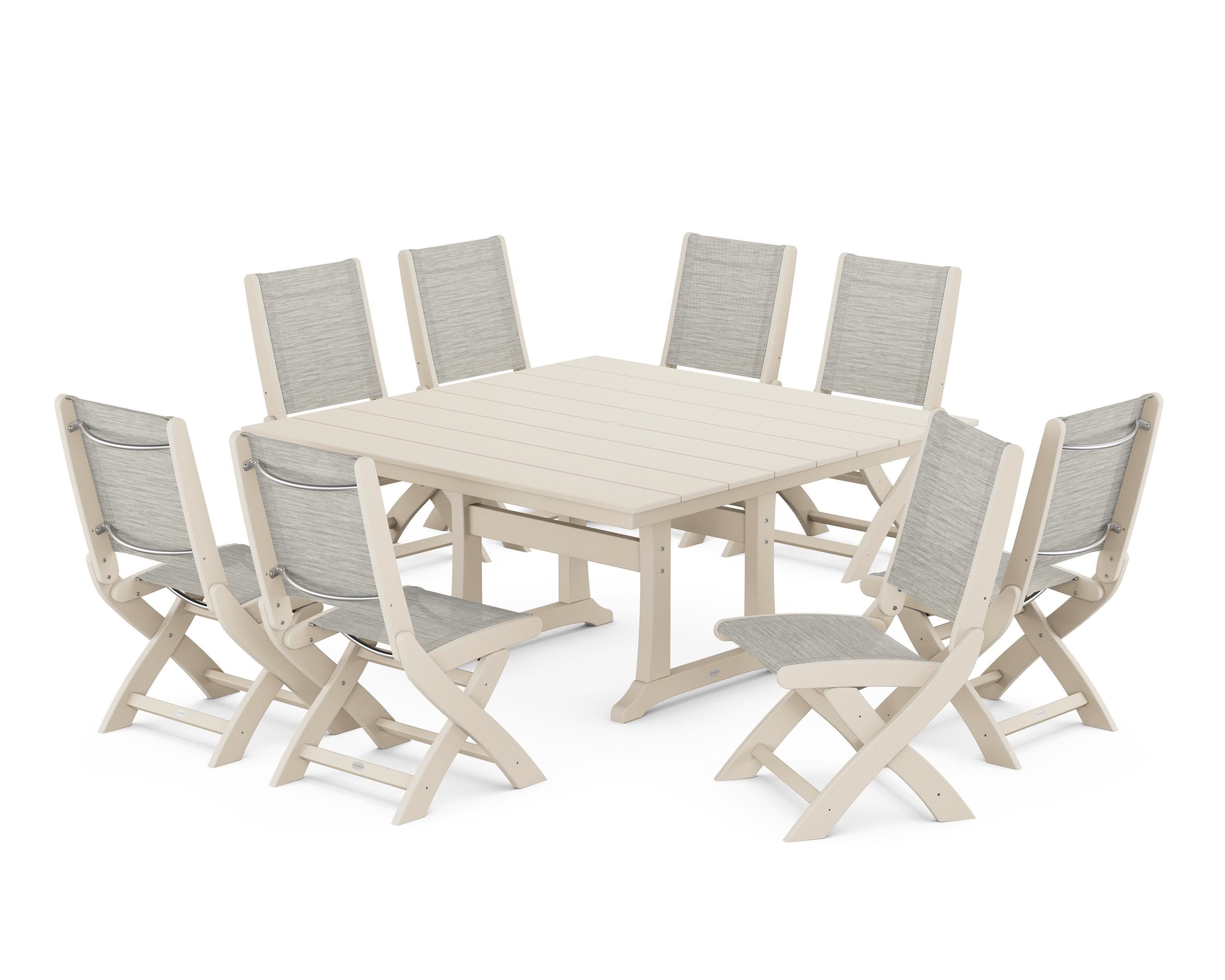 POLYWOOD Coastal Folding Side Chair 9-Piece Farmhouse Dining Set in Sand / Birch Sling