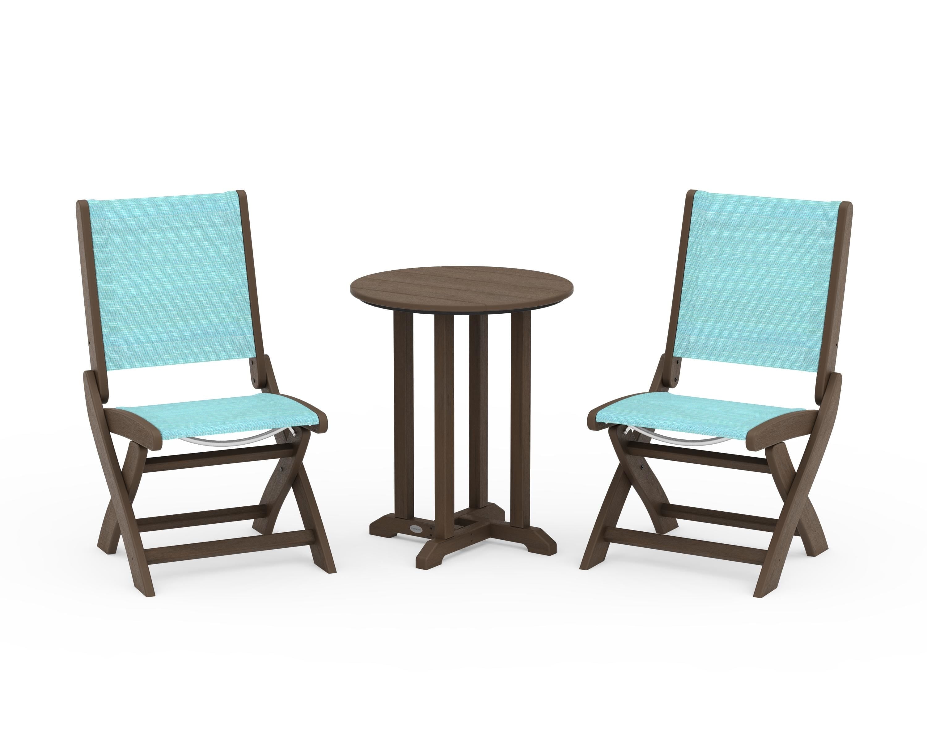 POLYWOOD Coastal Folding Side Chair 3-Piece Round Bistro Dining Set in Kona / Dupioni Aquamarine Sling