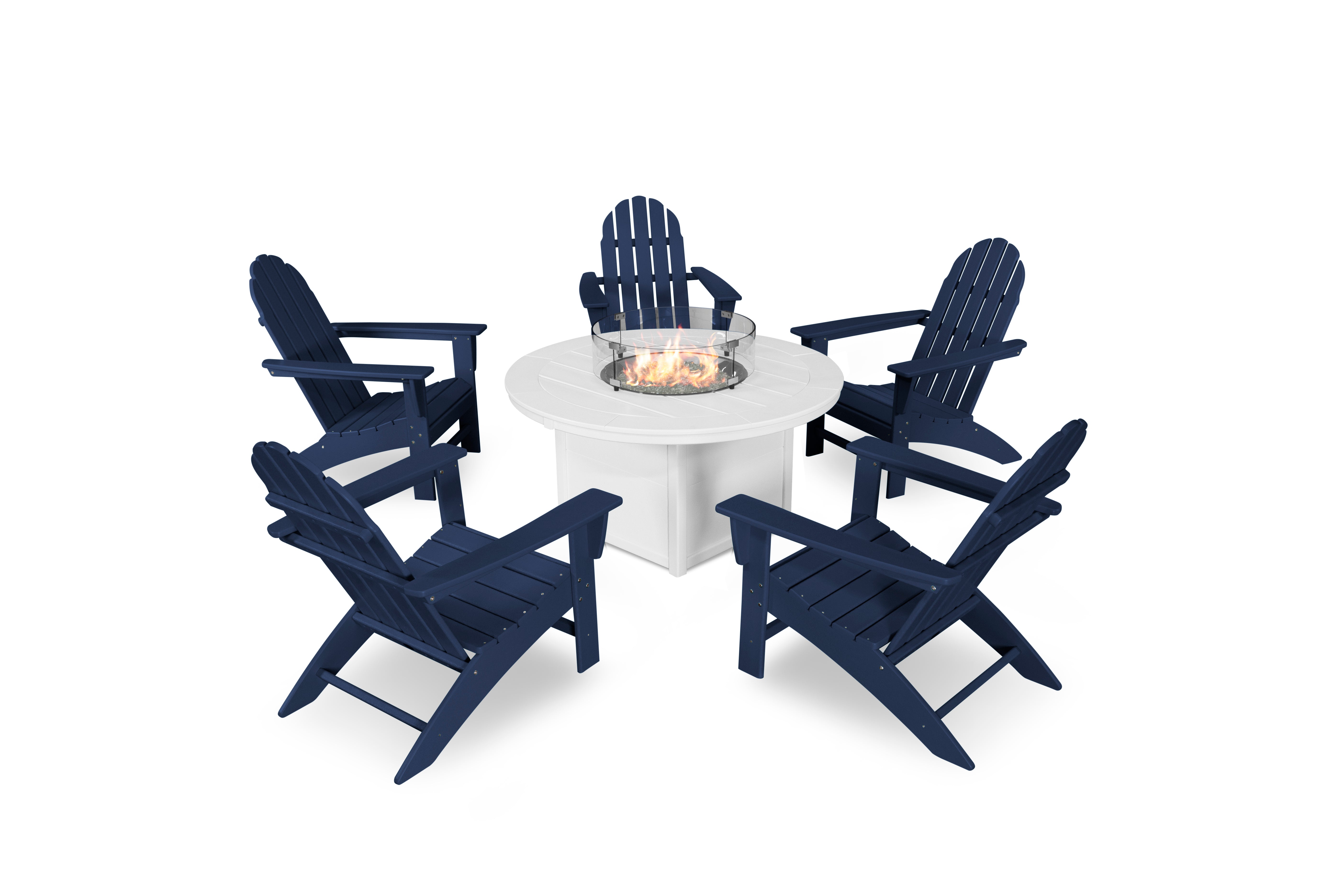 POLYWOOD Vineyard Adirondack 6-Piece Chat Set with Fire Pit Table in Navy / White