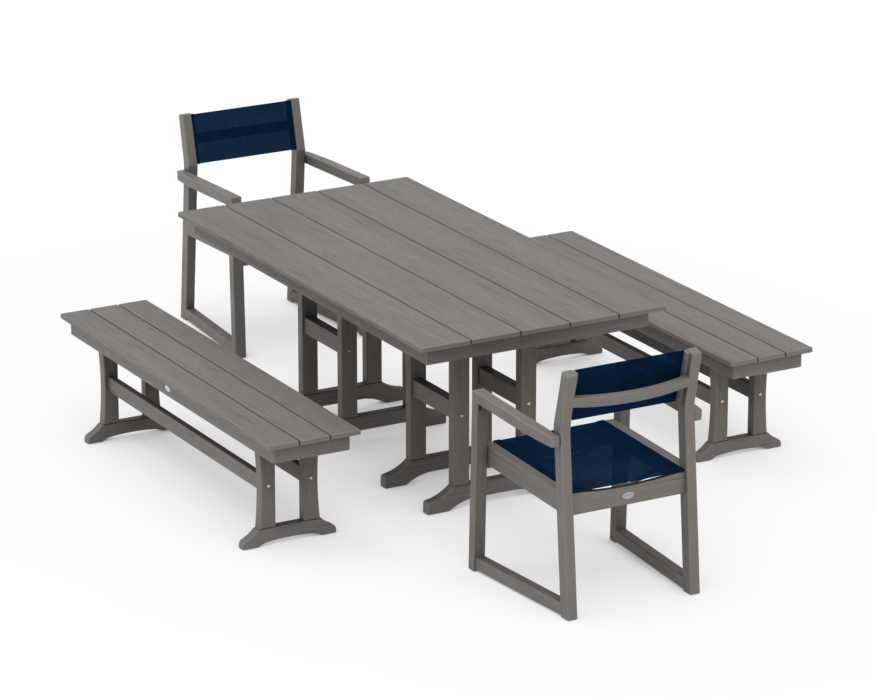 POLYWOOD EDGE Sling Arm Chair 5-Piece Farmhouse Dining Set with Benches in Driftwood / Navy Blue Sling