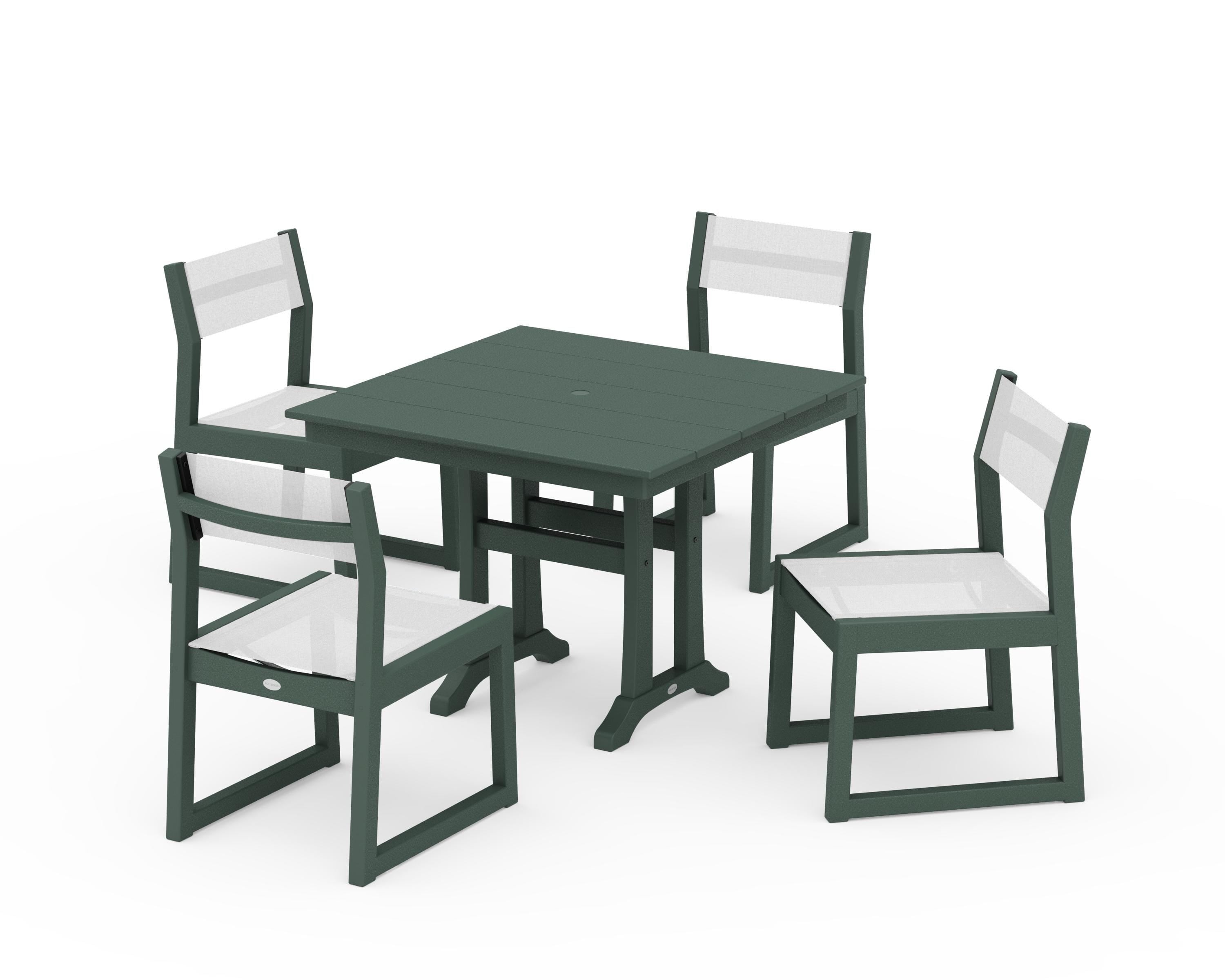 POLYWOOD EDGE Sling 5-Piece Farmhouse Trestle Side Chair Dining Set in Green / White Sling