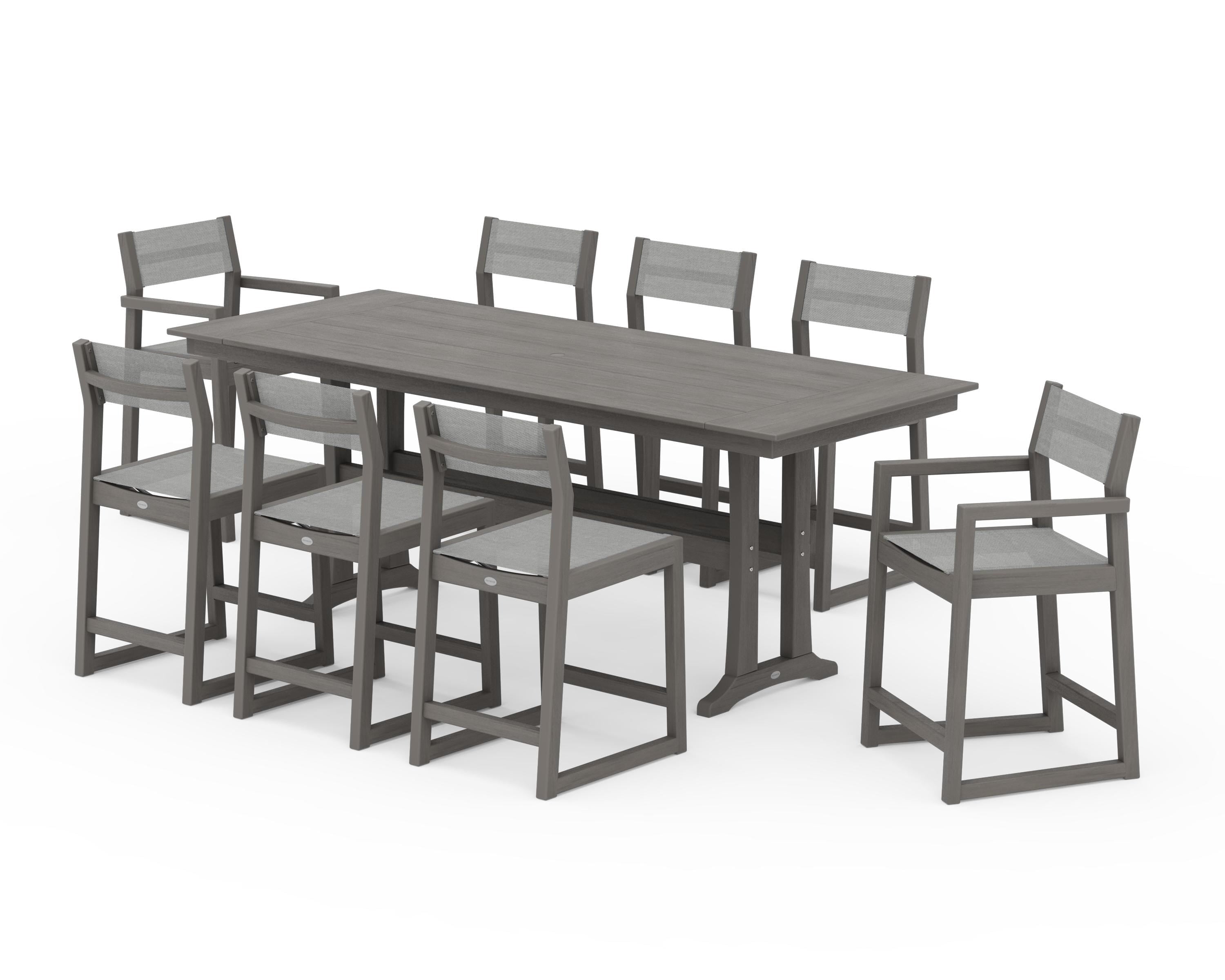 POLYWOOD EDGE Sling 9-Piece Farmhouse Counter Set with Trestle Legs in Driftwood / Metallic Sling