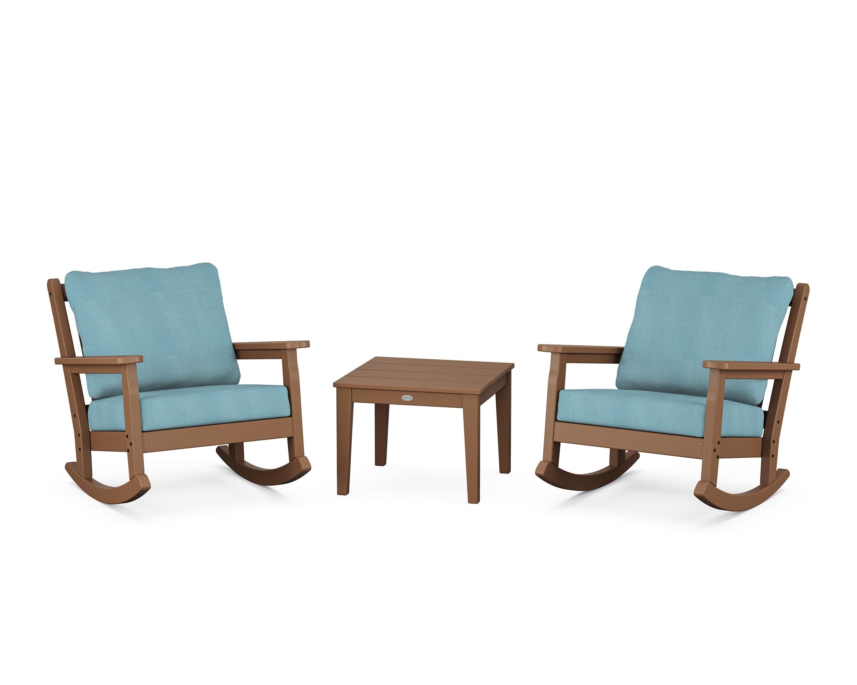 POLYWOOD Chippendale 3-Piece Deep Seating Rocker Set in Teak / Lattice Sky Blue