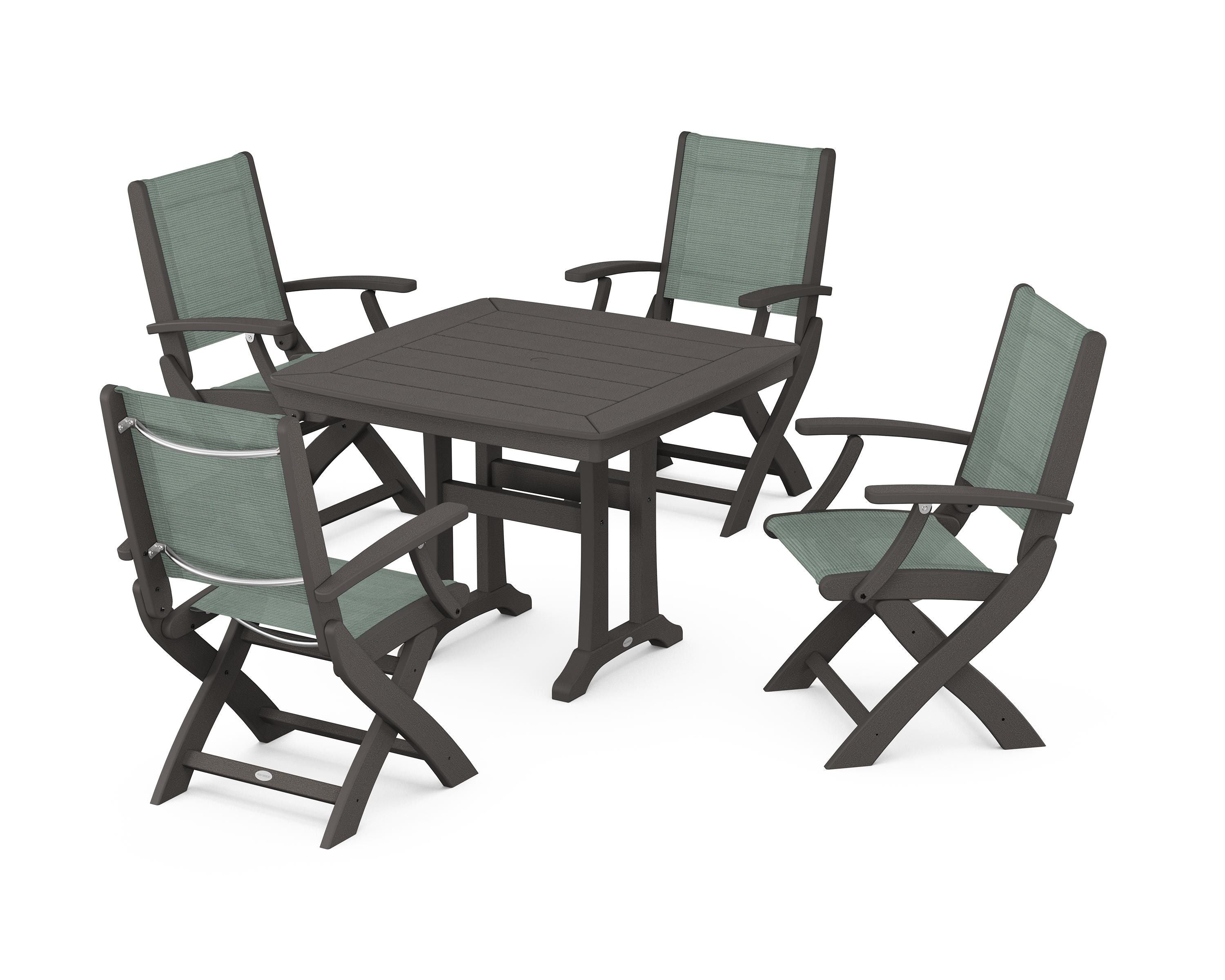 POLYWOOD Coastal Folding Chair 5-Piece Dining Set with Trestle Legs in Vintage Coffee / Dupioni Sea Mist Sling