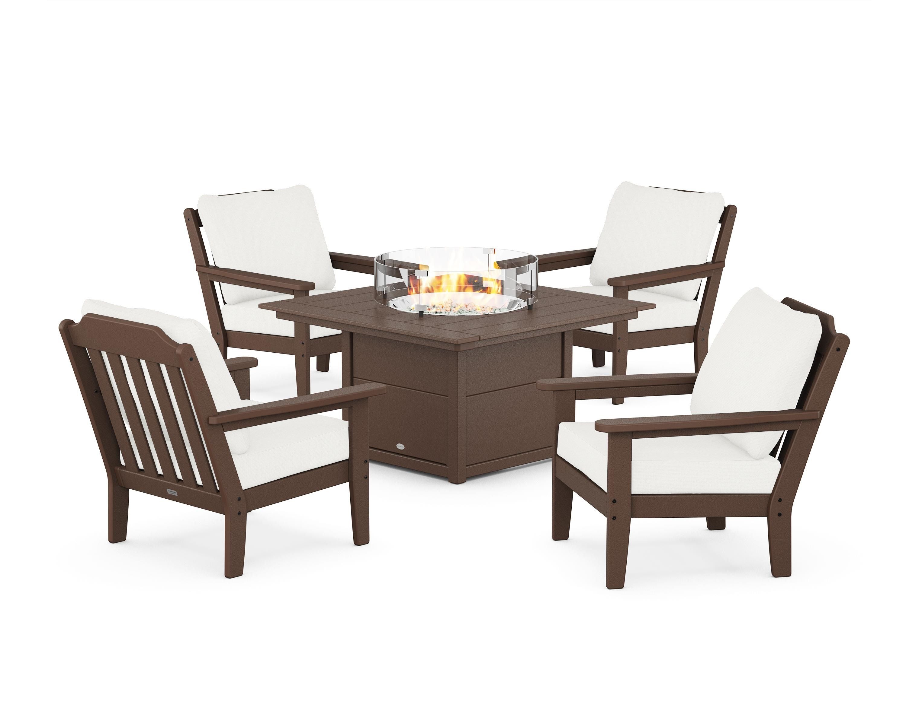 Country Living Cottage 5-Piece Deep Seating Set with Fire Pit Table in Mahogany / Natural Linen