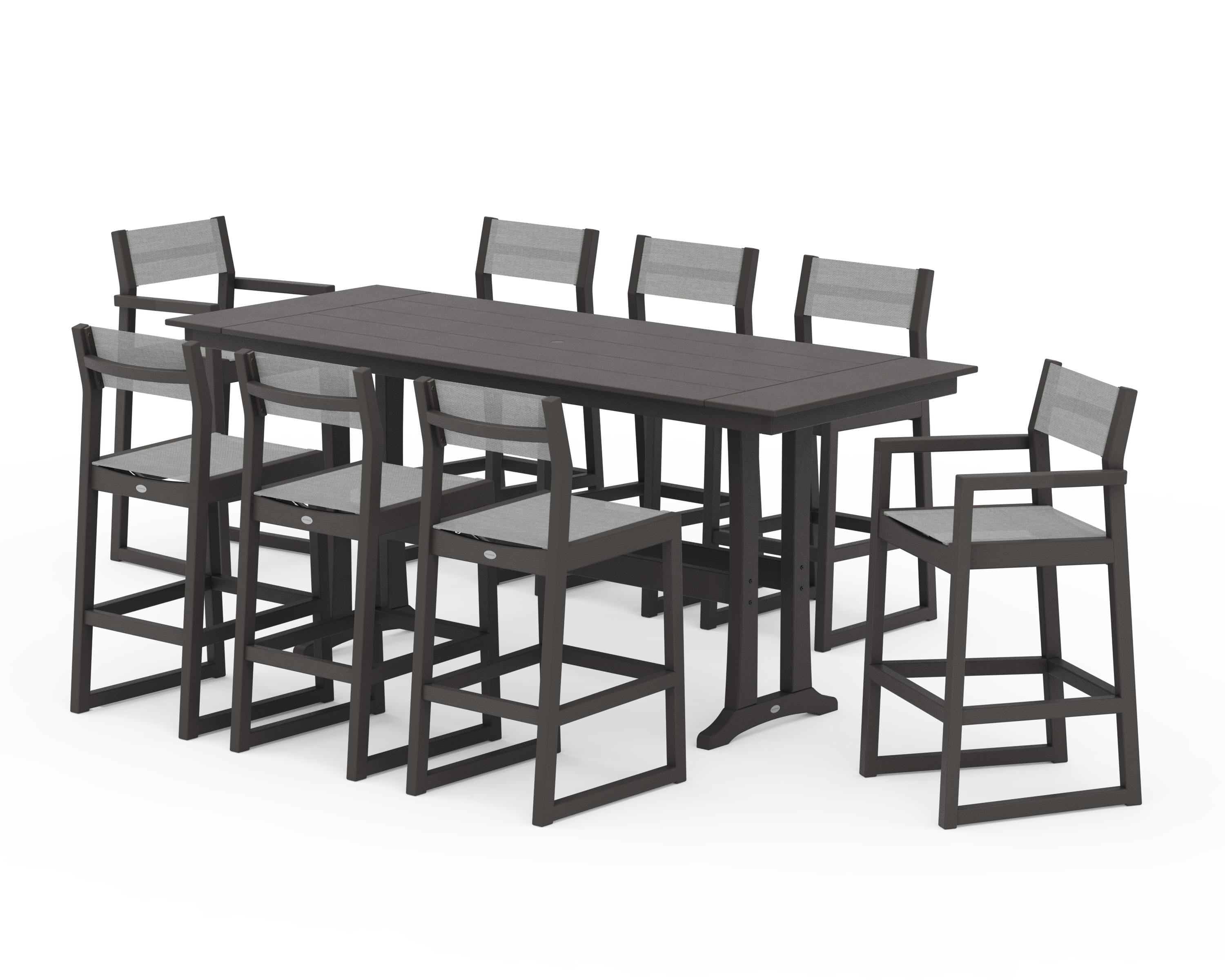 POLYWOOD EDGE Sling 9-Piece Farmhouse Bar Set with Trestle Legs in Vintage Coffee / Metallic Sling