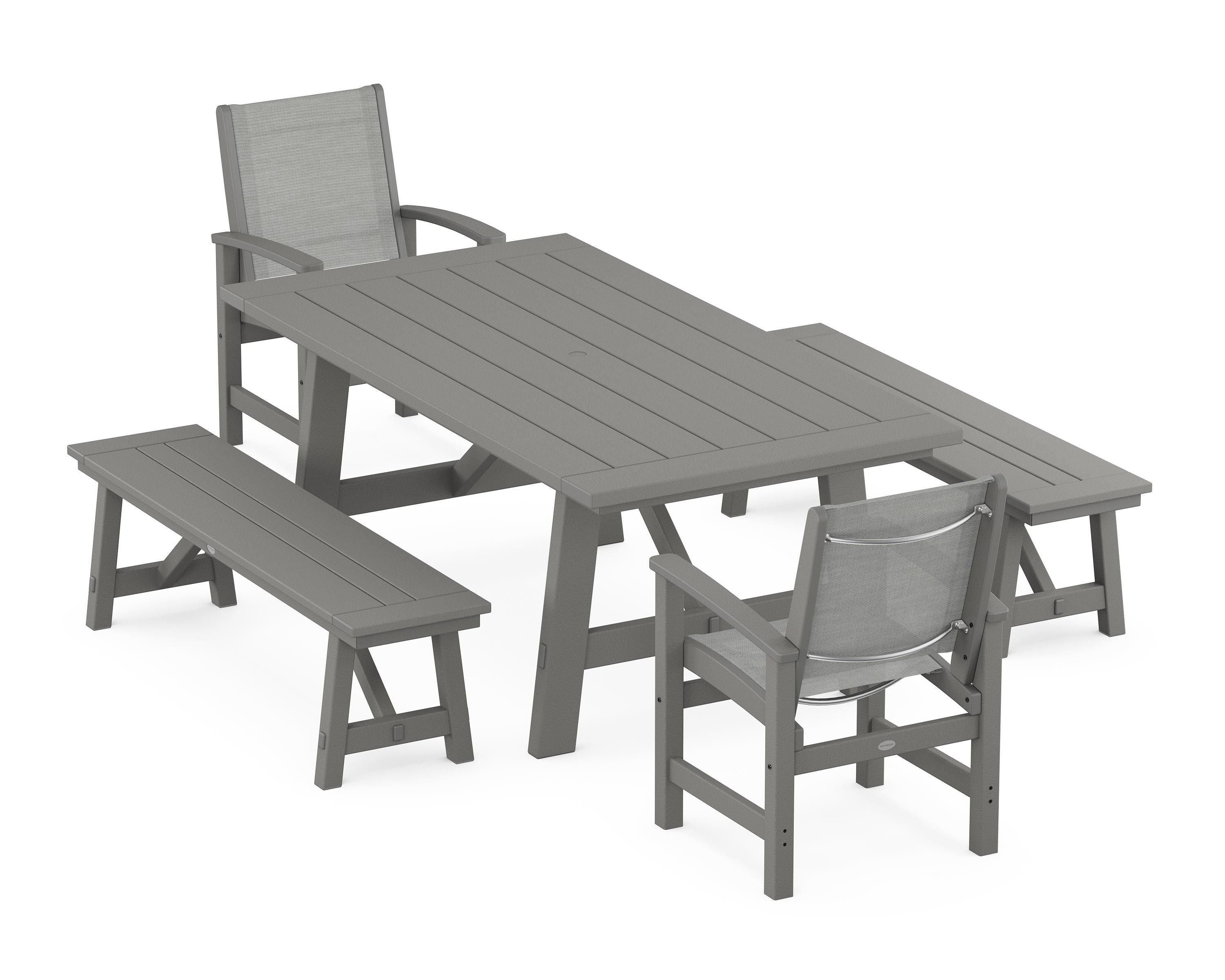POLYWOOD Coastal 5-Piece Rustic Farmhouse Dining Set With Benches in Slate Grey / Metallic Sling