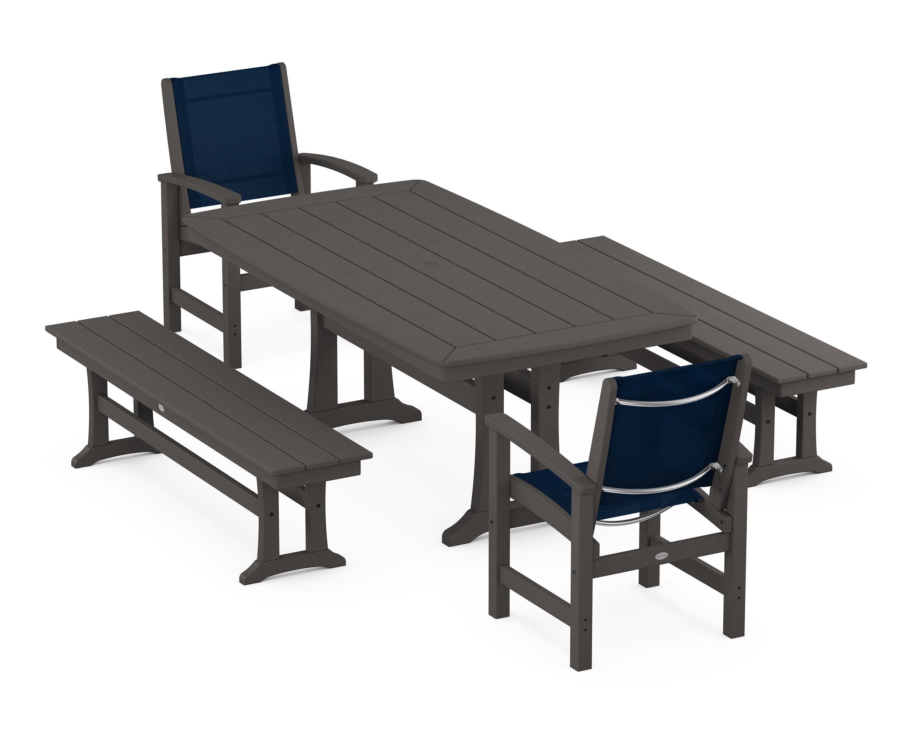 POLYWOOD Coastal 5-Piece Dining Set with Trestle Legs and Benches in Vintage Coffee / Navy Blue Sling