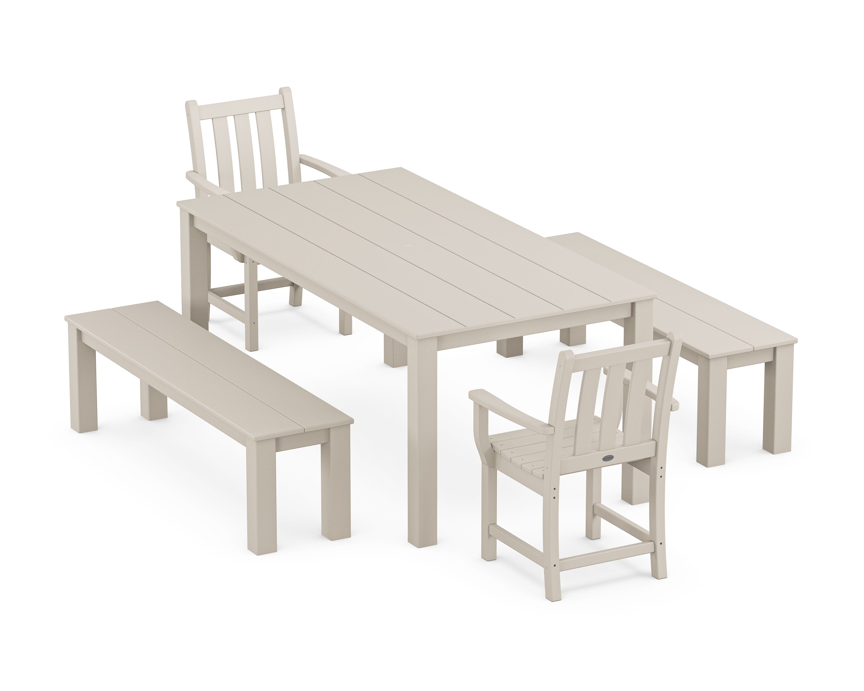 POLYWOOD Traditional Garden 5-Piece Parsons Dining Set with Benches in Sand