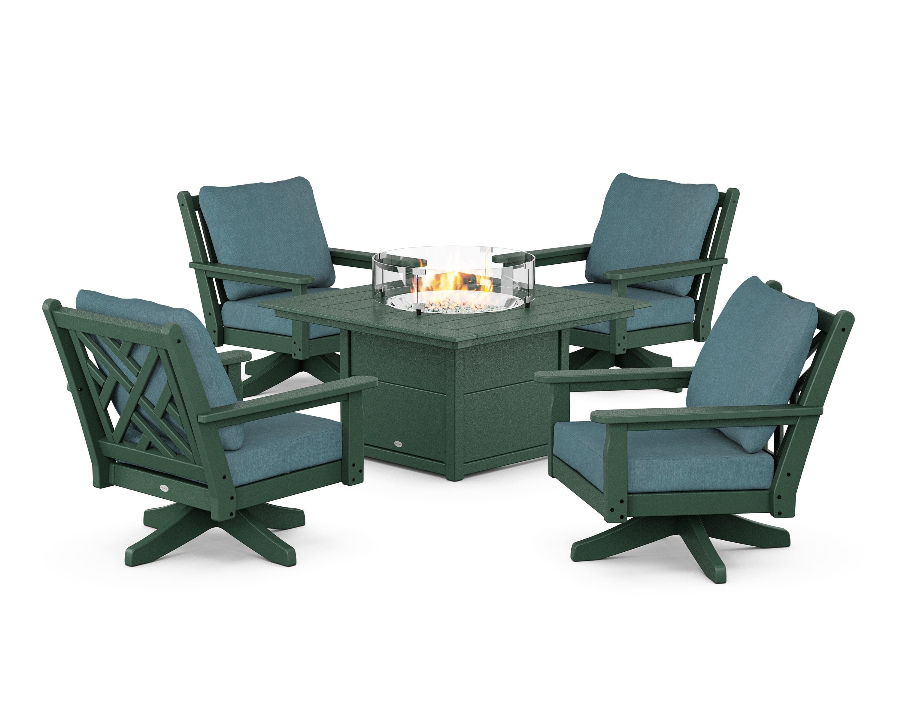 POLYWOOD Chippendale 5-Piece Deep Seating Swivel Conversation Set with Fire Pit Table in Green / Ocean Teal