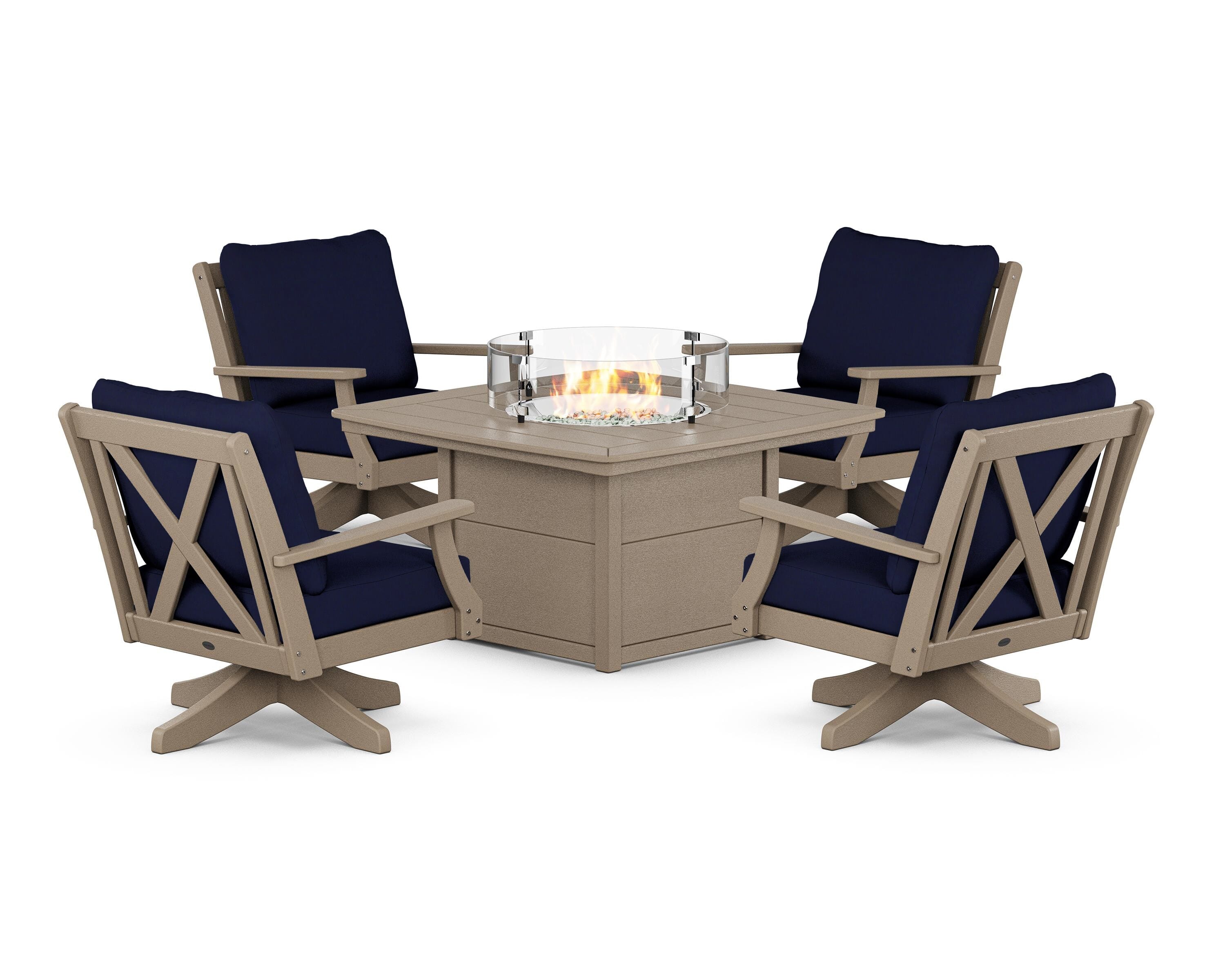POLYWOOD Braxton 5-Piece Deep Seating Swivel Conversation Set with Fire Pit Table in Vintage Sahara / Navy